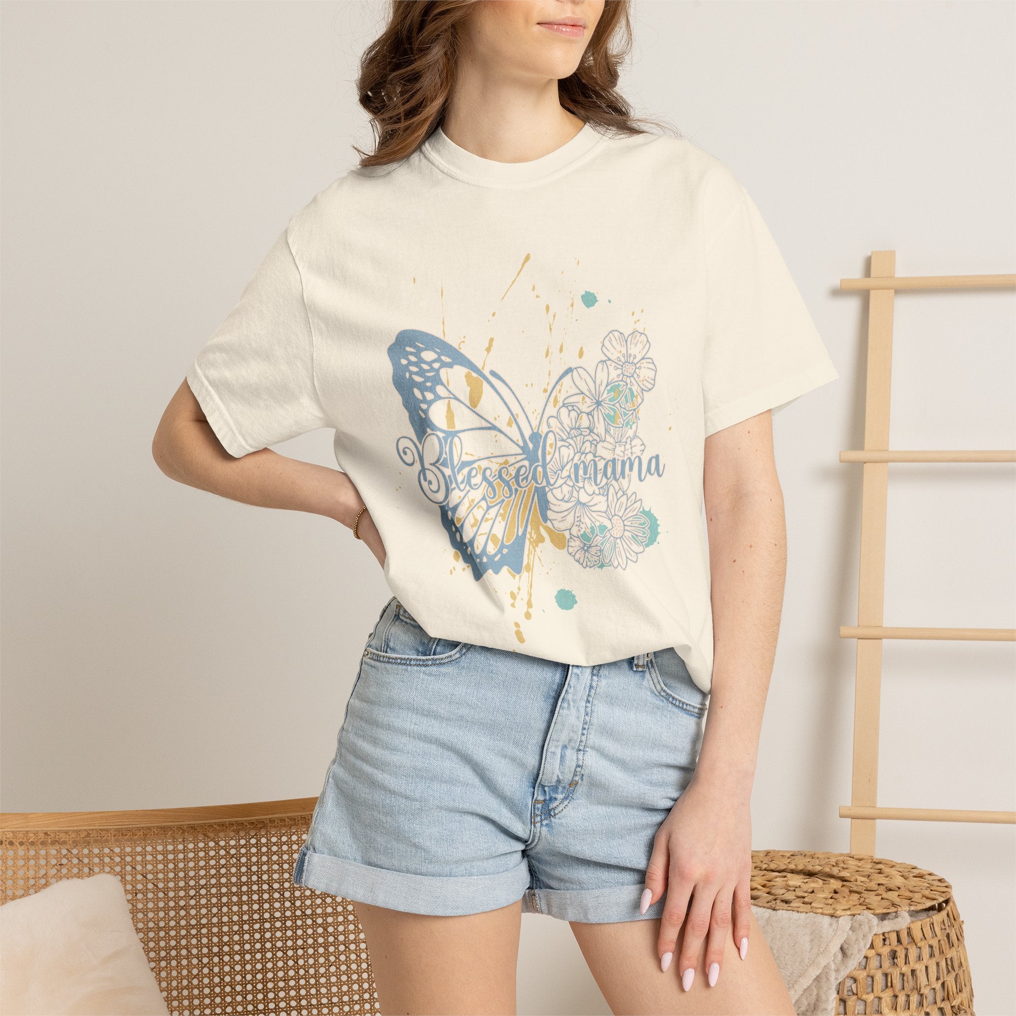 Retro Butterfly Blessed Mama Tee —Textured Serene Aqua Nature Graphic
