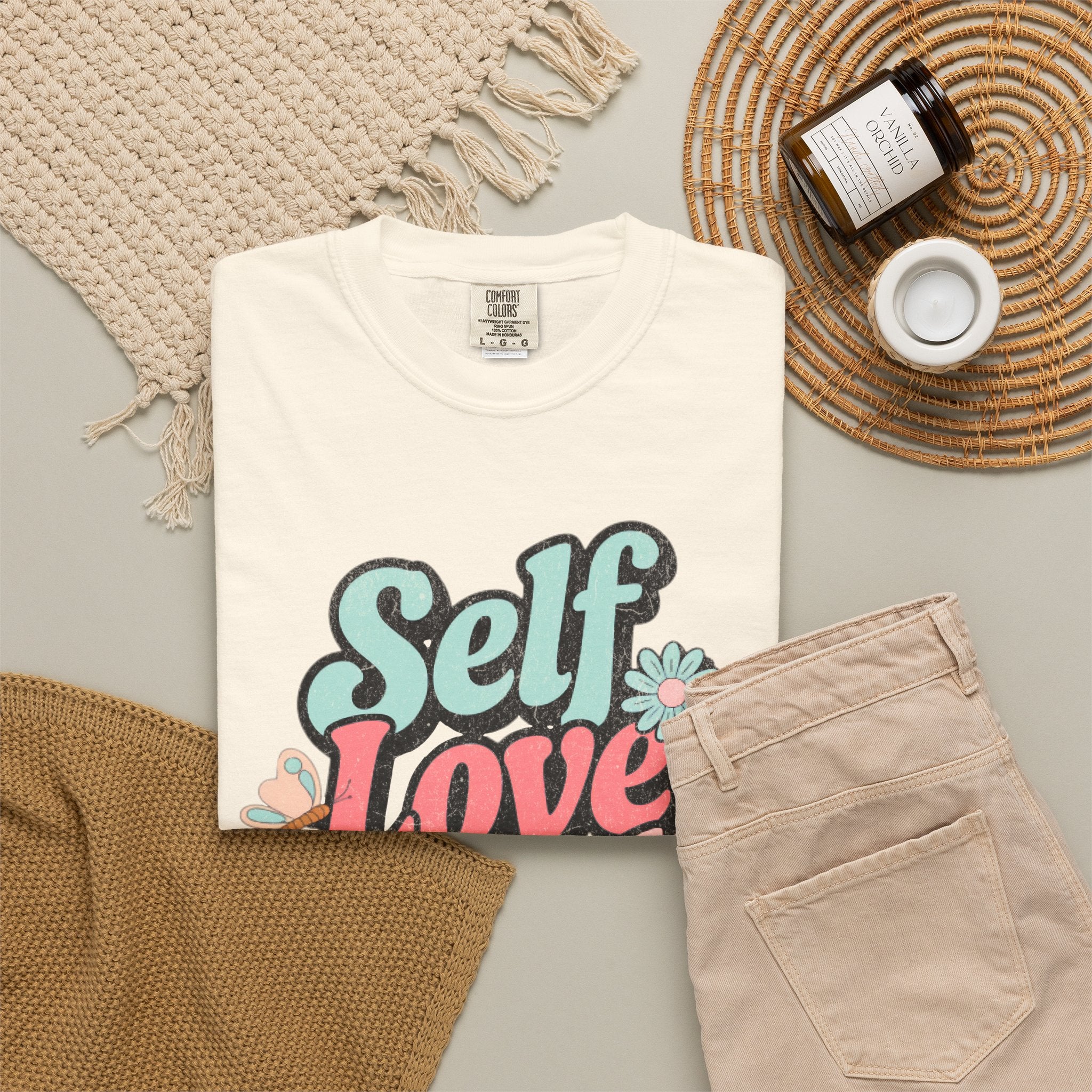 Self Love Club T-shirt | Textured Retro Floral Typography, Pastel 70s Vibe