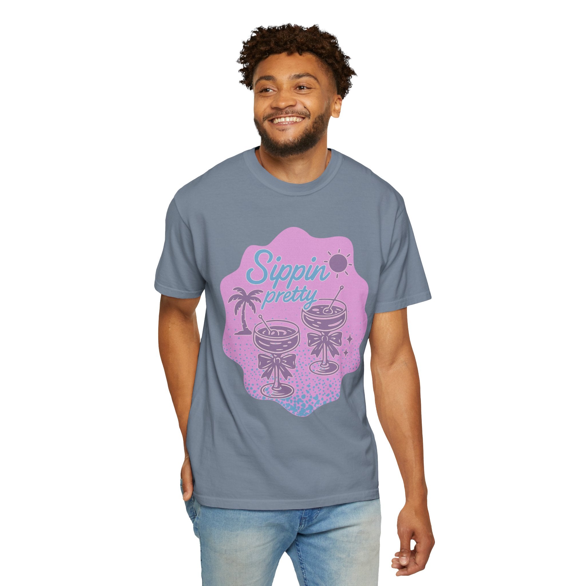 T-Shirt — "Sippin' Pretty" Tropical Cocktail Textured Graphic Tee