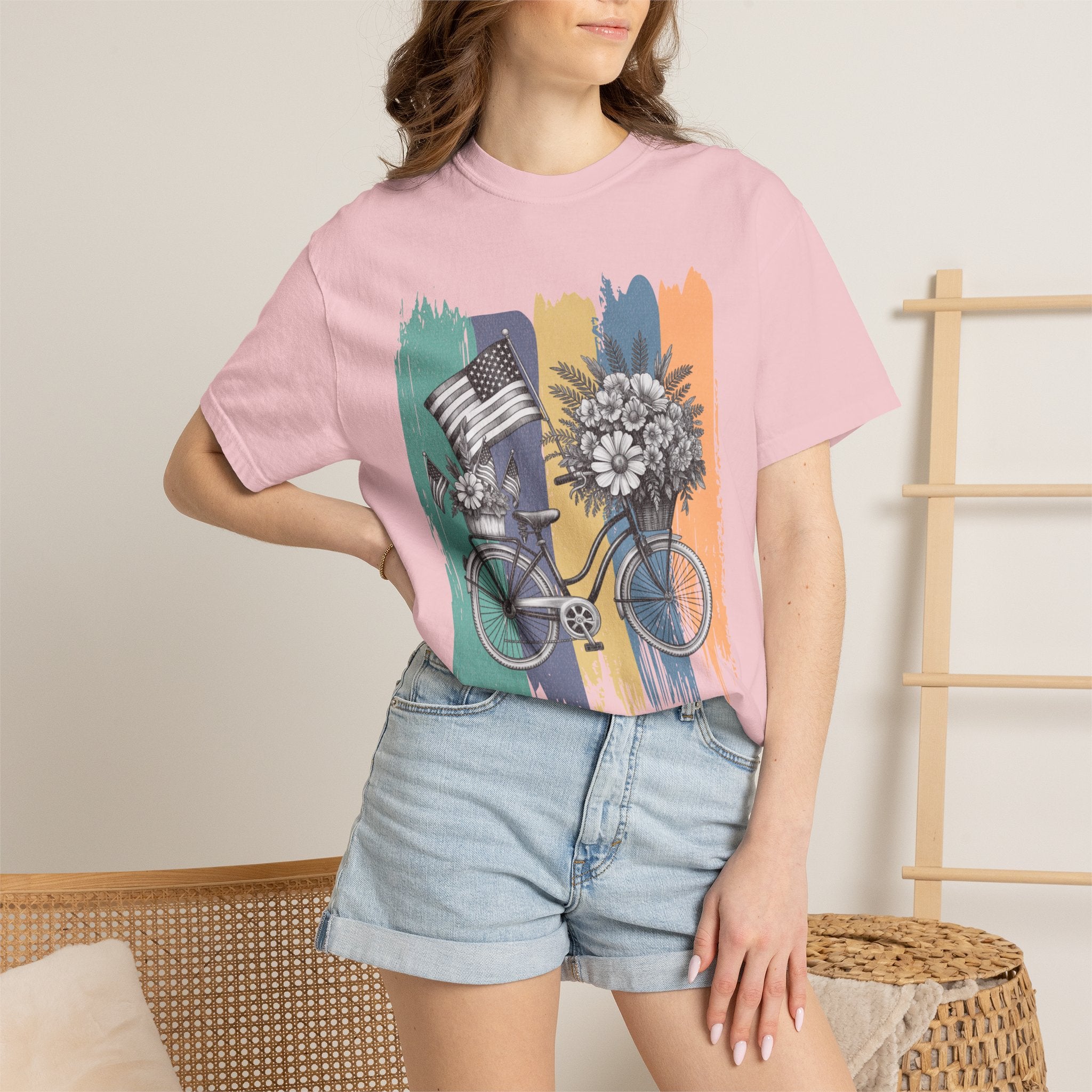 Textured Vintage Bicycle T-Shirt — Floral Basket & American Flag Graphic