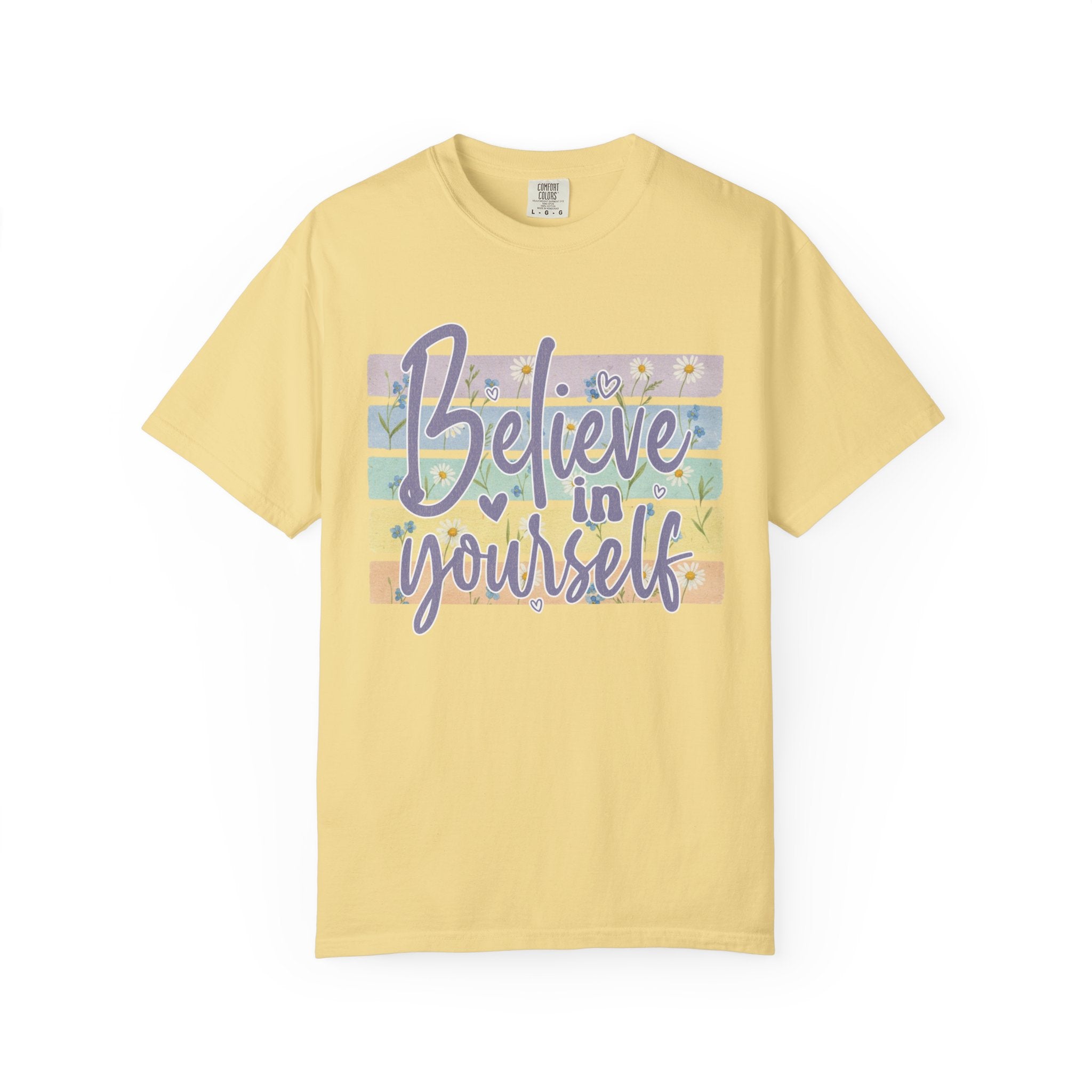 Textured Believe in Yourself T‑Shirt — Pastel Stripes Inspirational Tee