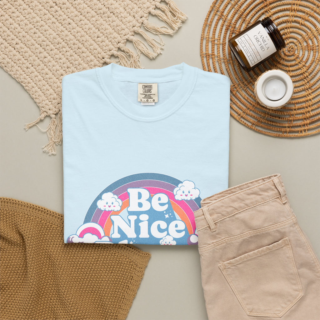 Be Nice Please Textured T-Shirt — Retro Rainbow Positive Message Tee