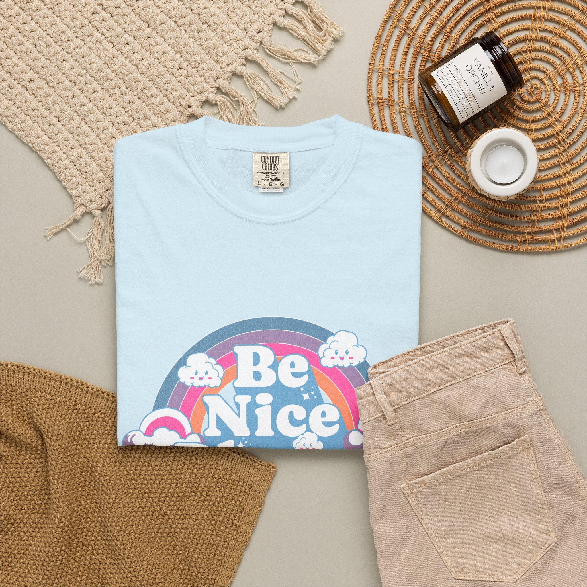 Be Nice Please Textured T-Shirt — Retro Rainbow Positive Message Tee
