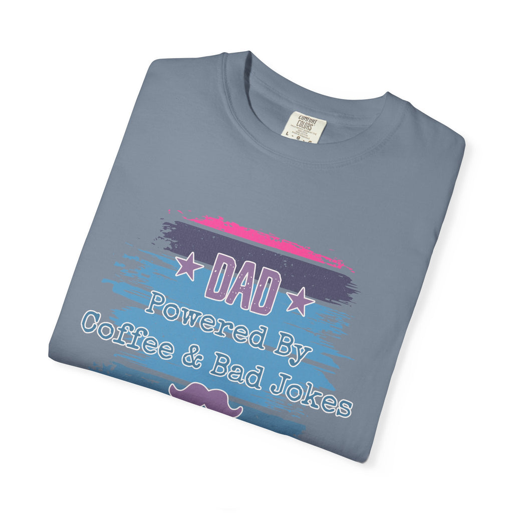 Textured Dad T-Shirt - "Powered By Coffee & Bad Jokes" Vintage Stripe Father's Day Tee
