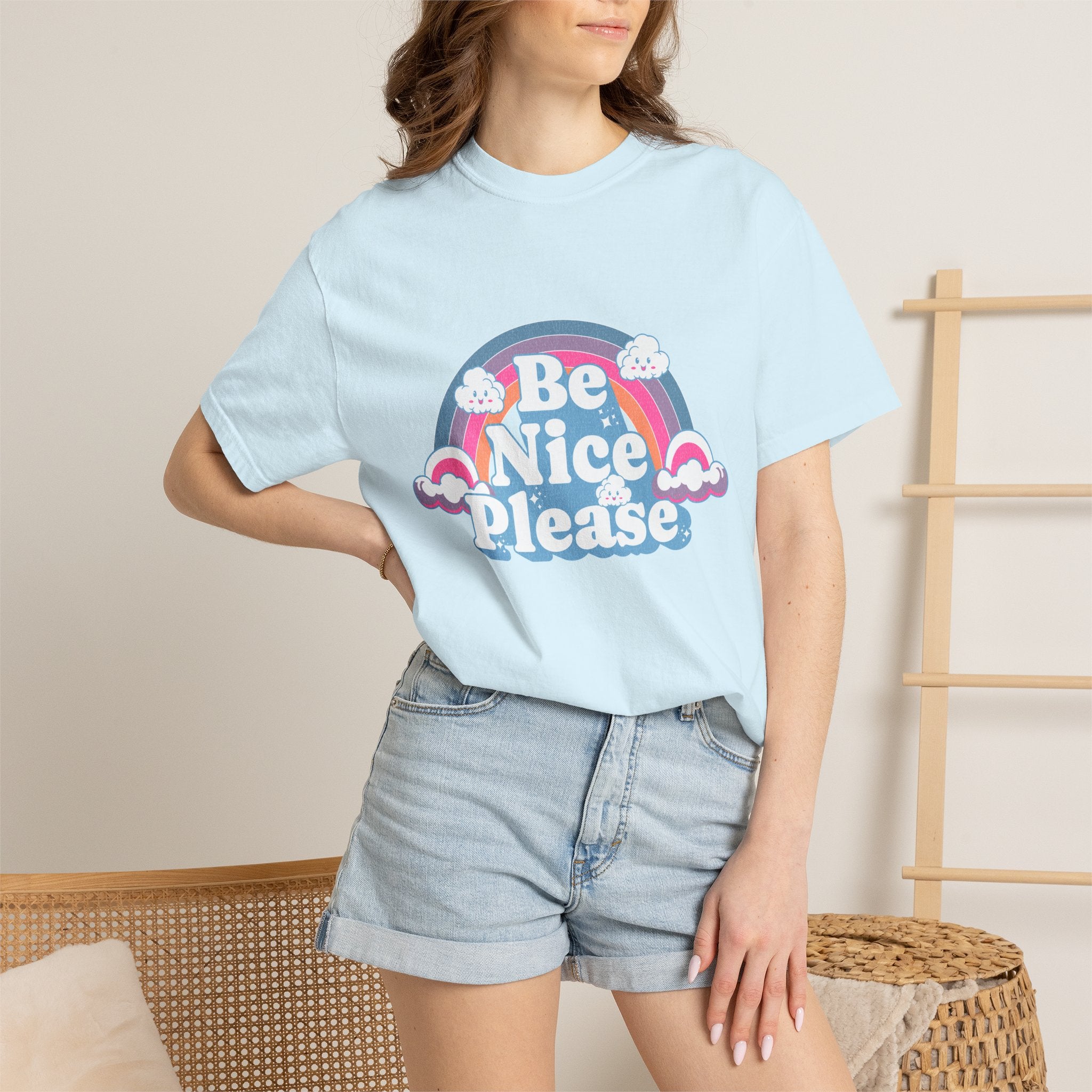 Be Nice Please Textured T-Shirt — Retro Rainbow Positive Message Tee