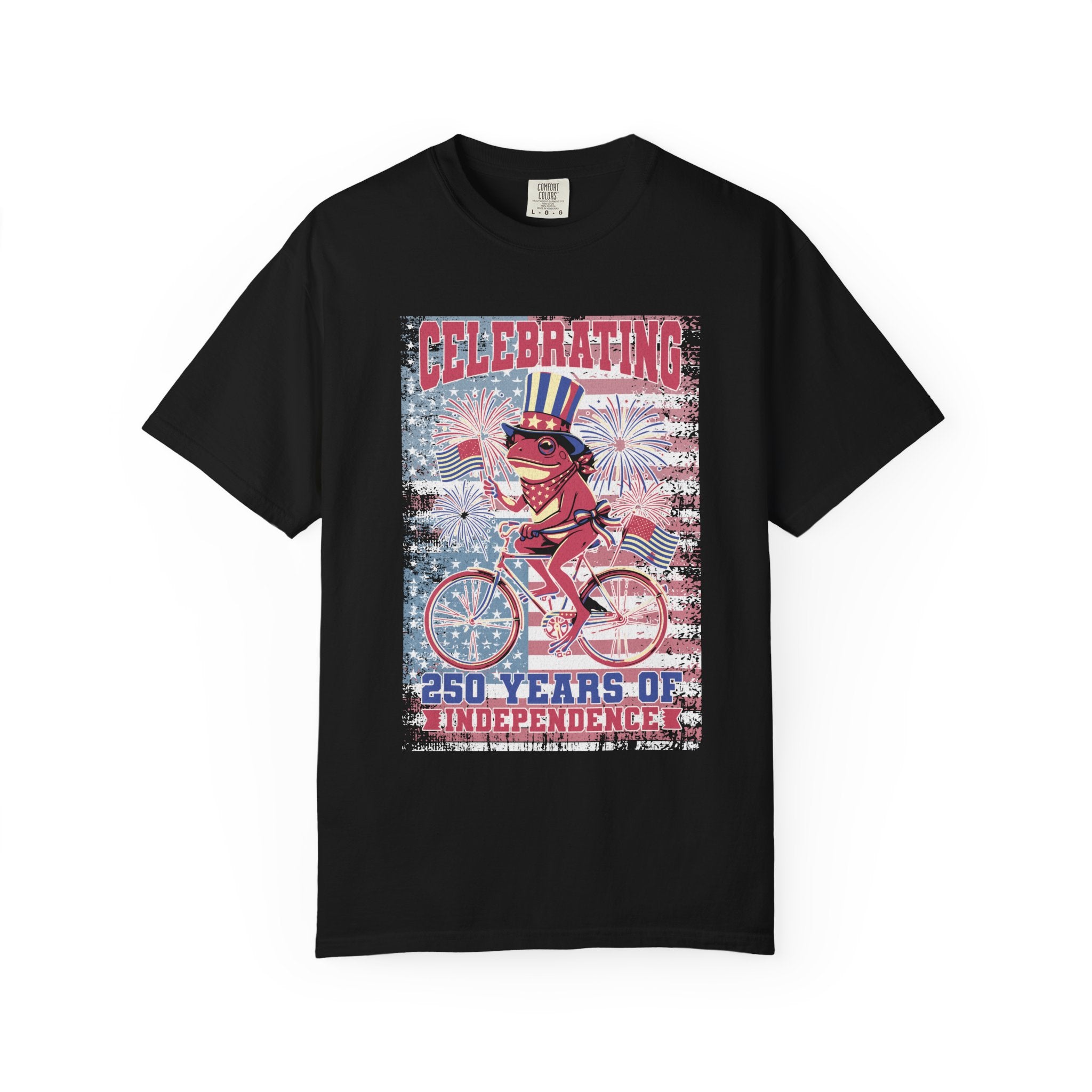 Textured Independence Day Dog on Bike T-Shirt — "Celebrating 250 Years of Independence" Patriotic Tee