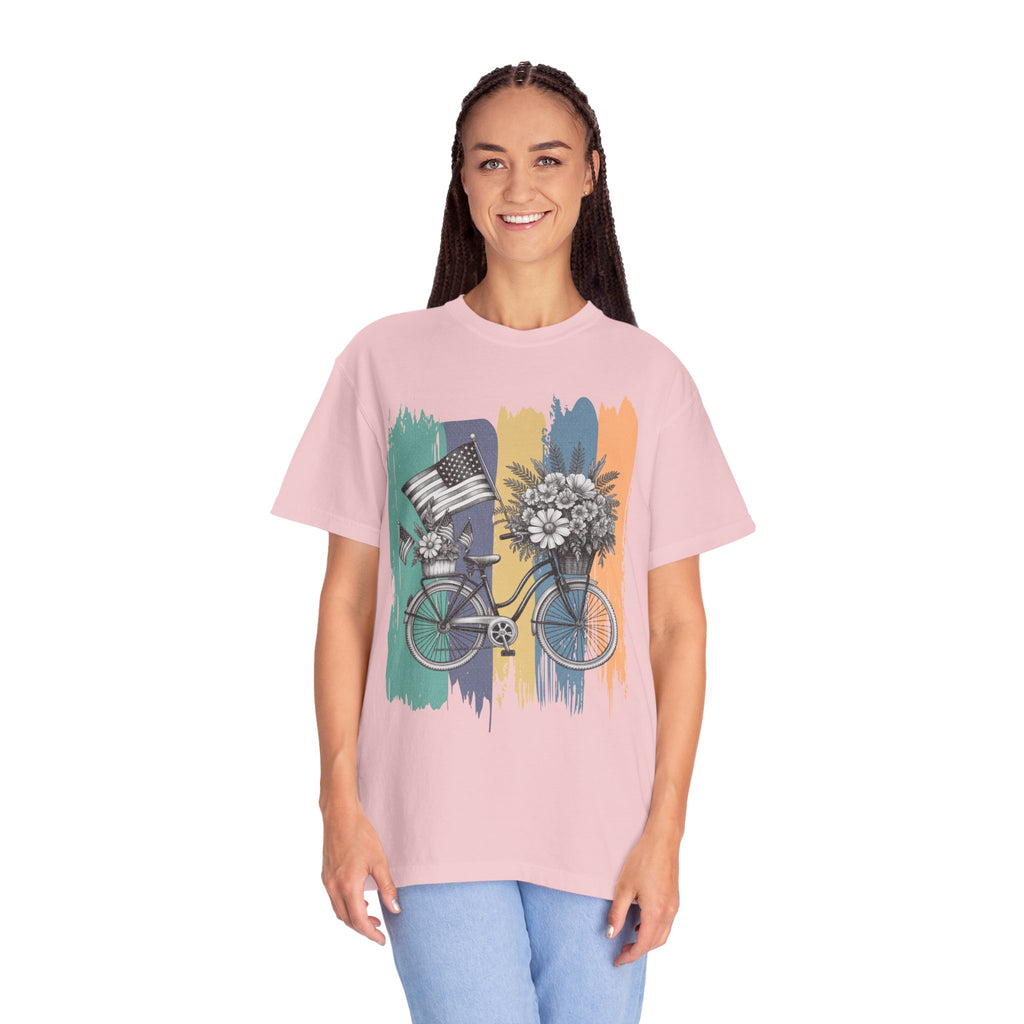Textured Vintage Bicycle T-Shirt — Floral Basket & American Flag Graphic