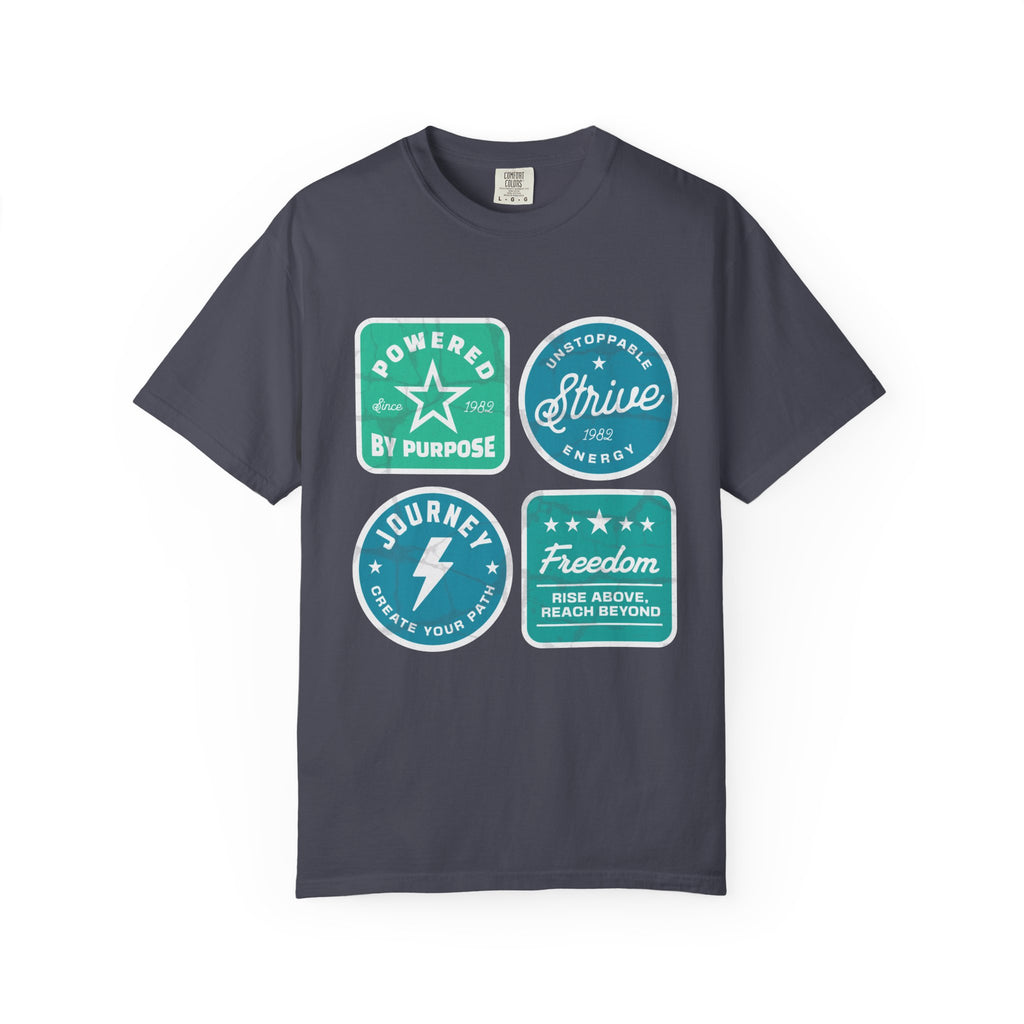 Motivational Badge Graphic Textured T-Shirt — "Powered by Purpose, Strive, Journey, Freedom"