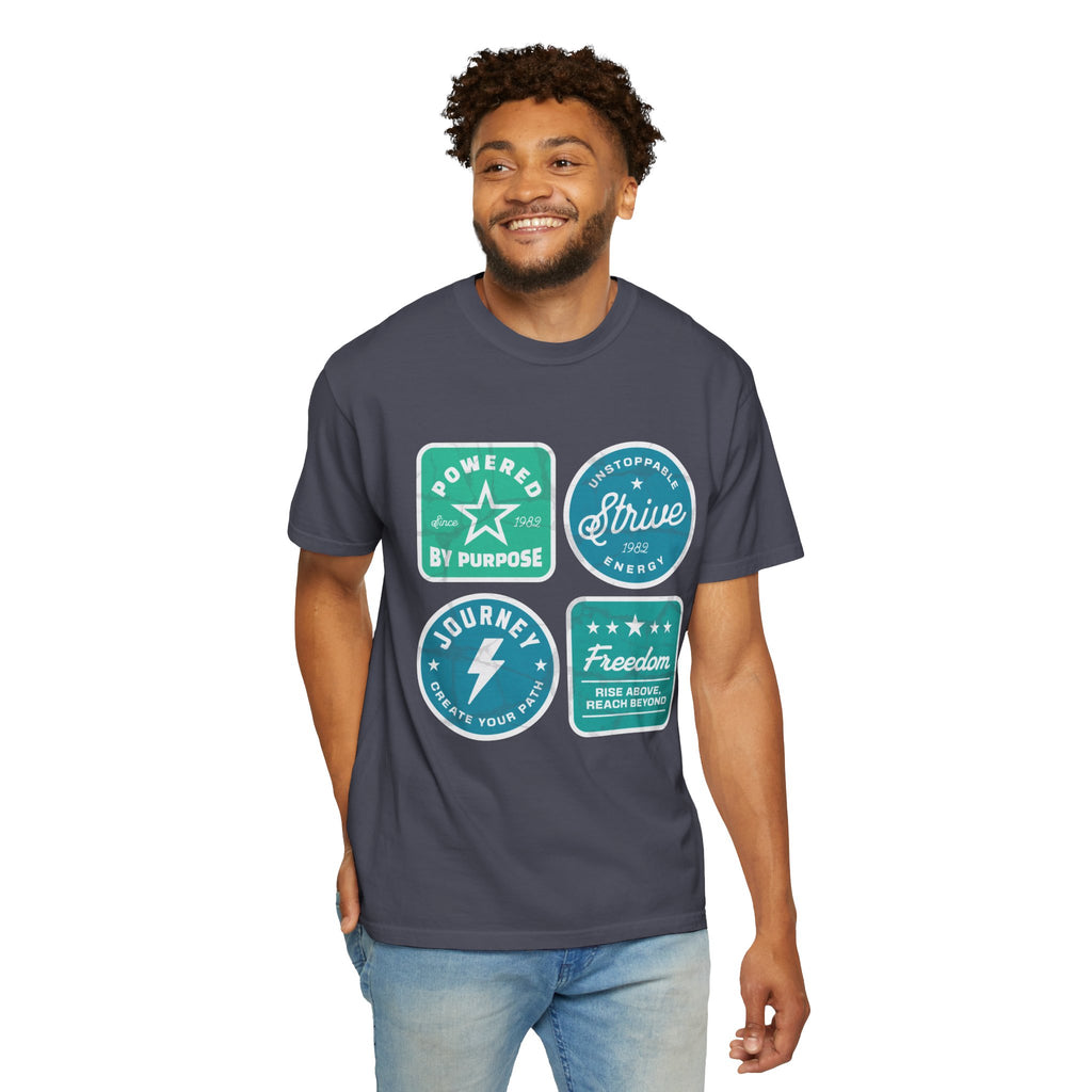Motivational Badge Graphic Textured T-Shirt — "Powered by Purpose, Strive, Journey, Freedom"