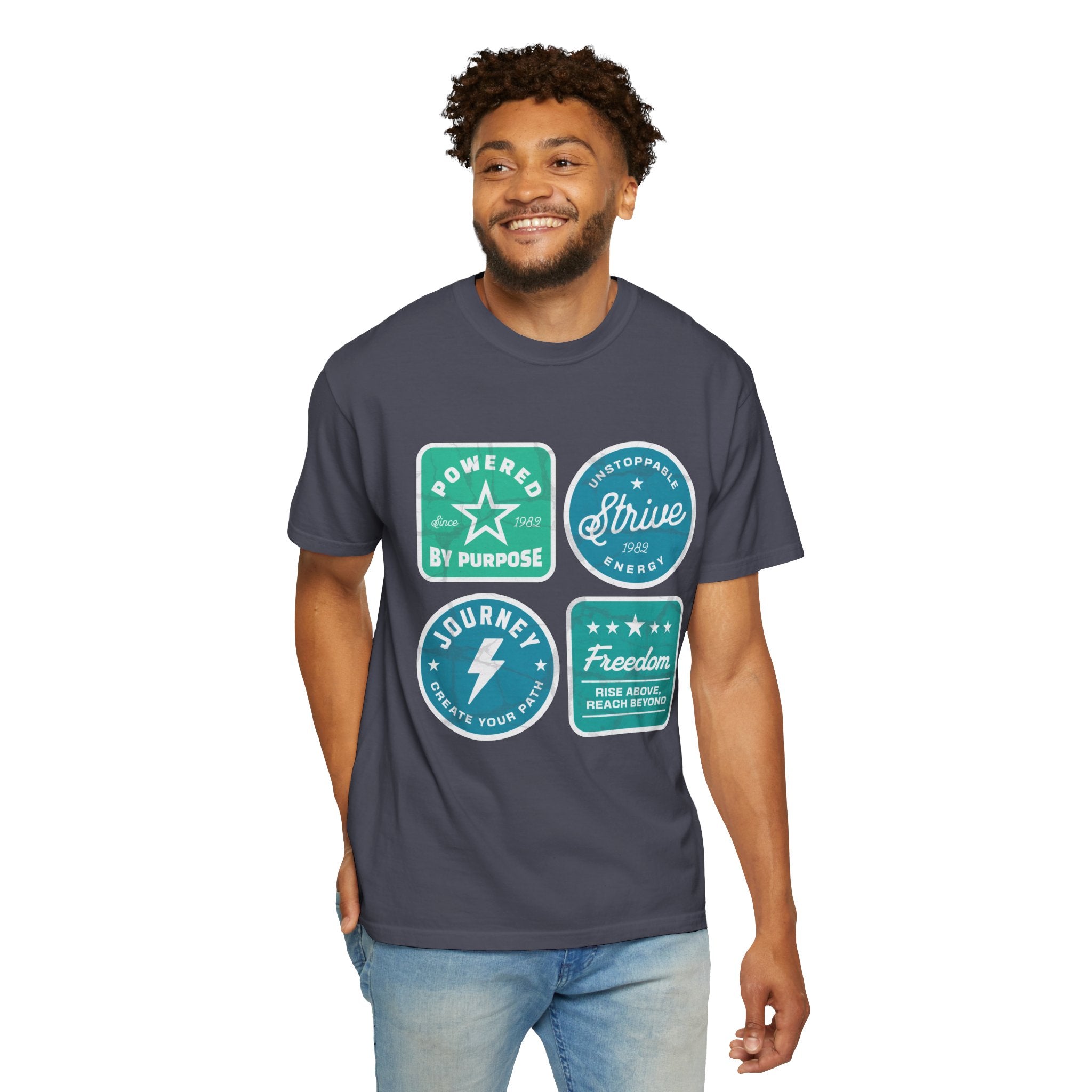 Motivational Badge Graphic Textured T-Shirt — "Powered by Purpose, Strive, Journey, Freedom"