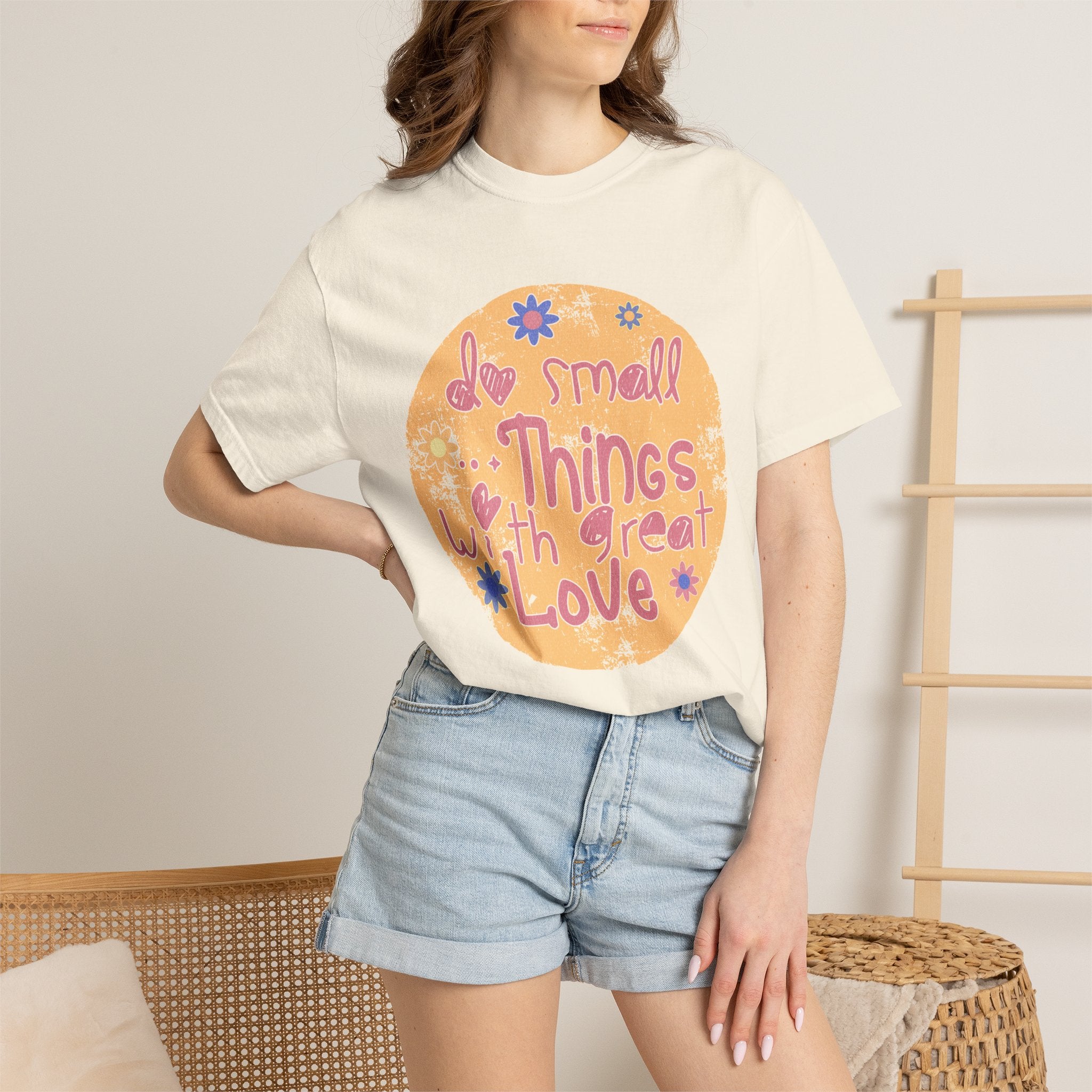 Textured Inspirational Tee — "Do Small Things With Great Love" Floral Graphic