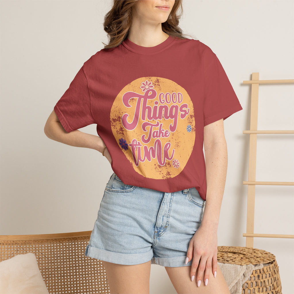 Good Things Take Time T-Shirt | Textured Retro Script Floral Graphic
