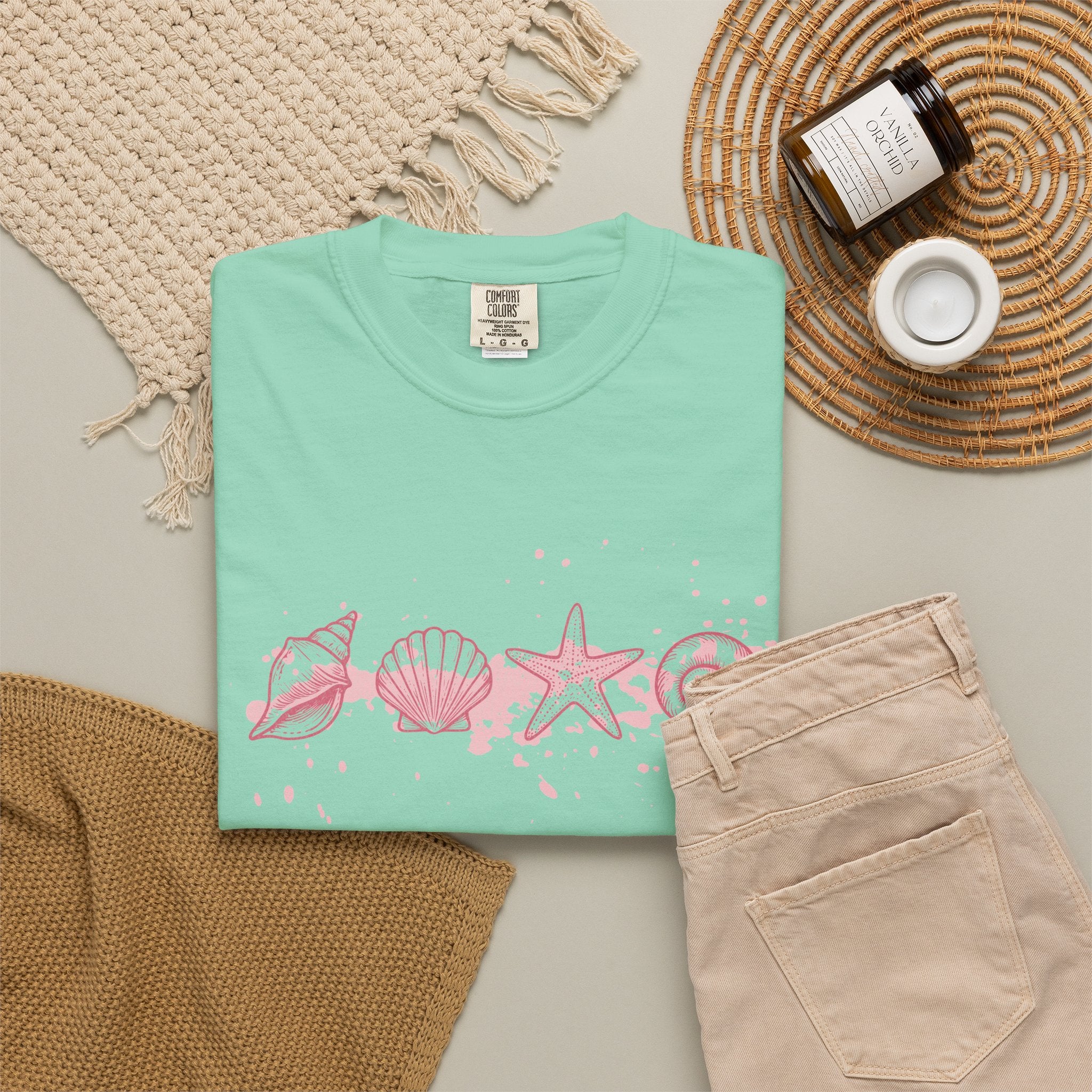 Textured Seashell Line Art T-Shirt — Pink Coastal Shells Graphic Tee