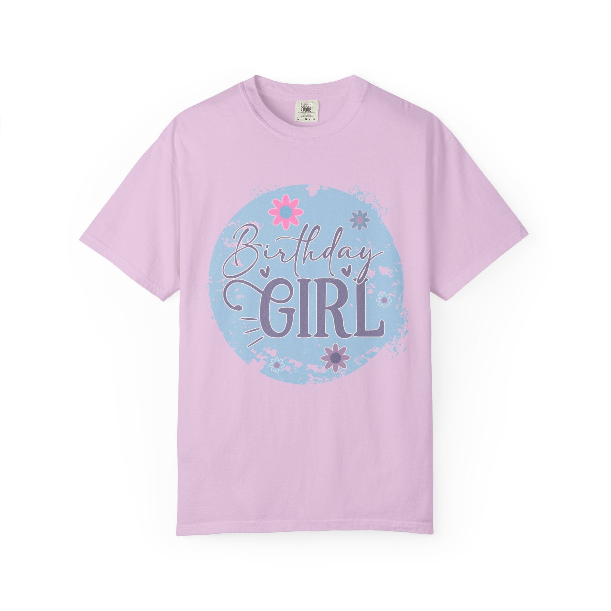 Birthday Girl Textured T-Shirt — Floral Blue Circle Graphic