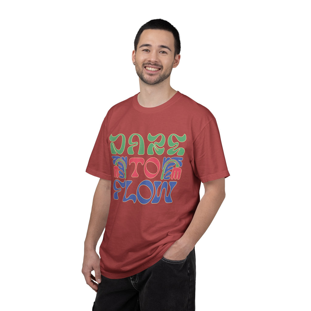 Dare To Flow T-Shirt | Textured Retro Groovy Typography, Colorful Wave Design