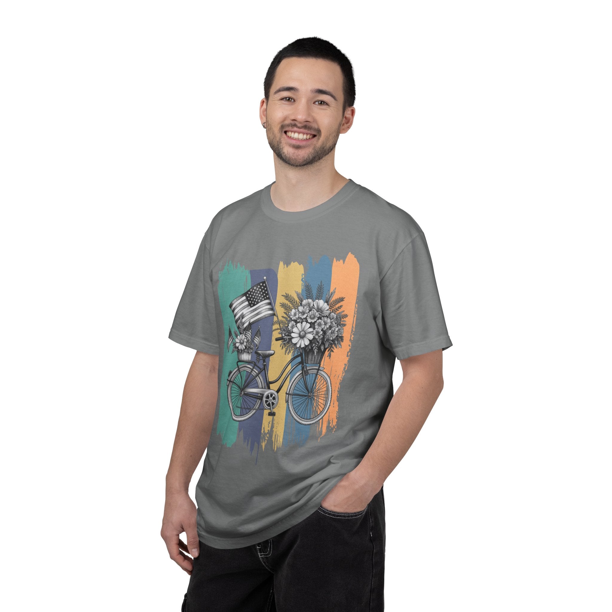 Textured Vintage Bicycle T-Shirt — Floral Basket & American Flag Graphic