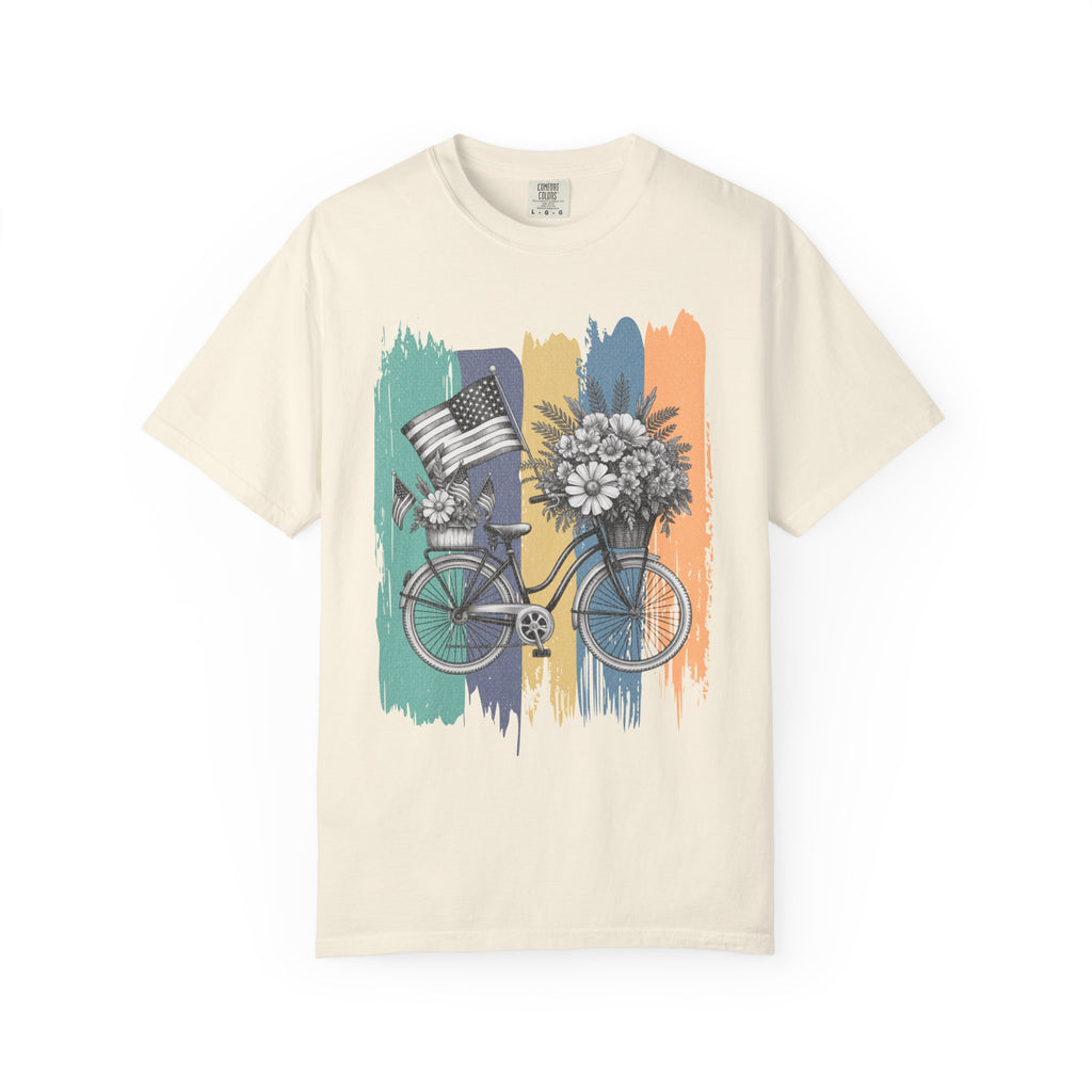 Textured Vintage Bicycle T-Shirt — Floral Basket & American Flag Graphic