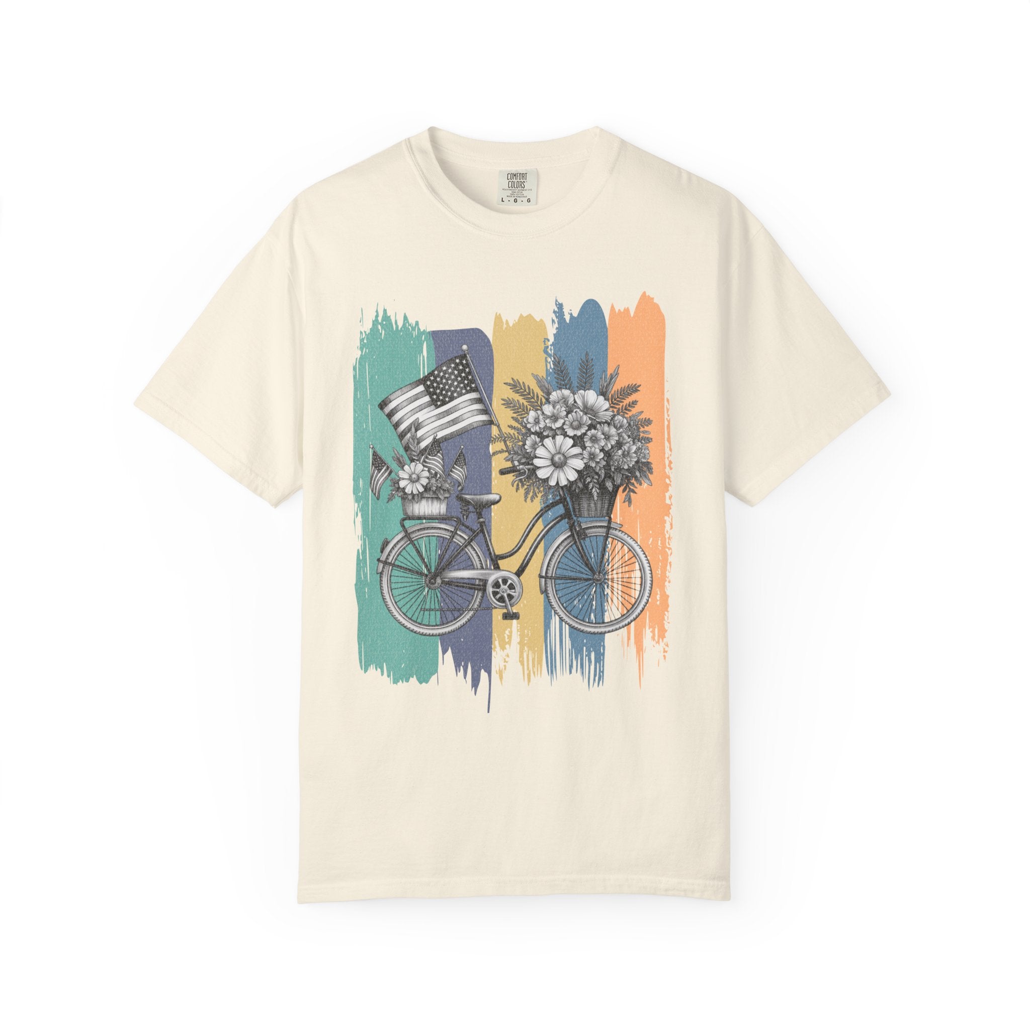 Textured Vintage Bicycle T-Shirt — Floral Basket & American Flag Graphic