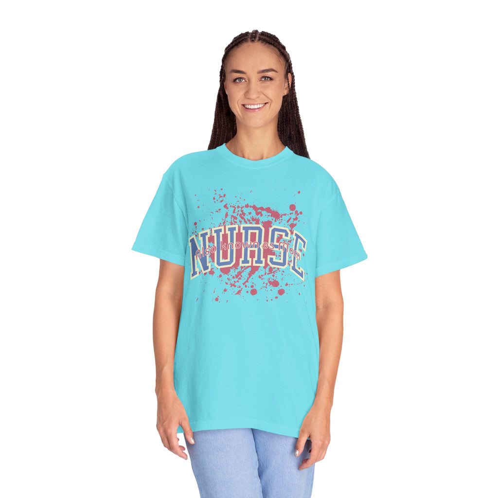 Nurse Also Known As Mom Textured T‑Shirt — Retro Collegiate Text with Paint Splatter