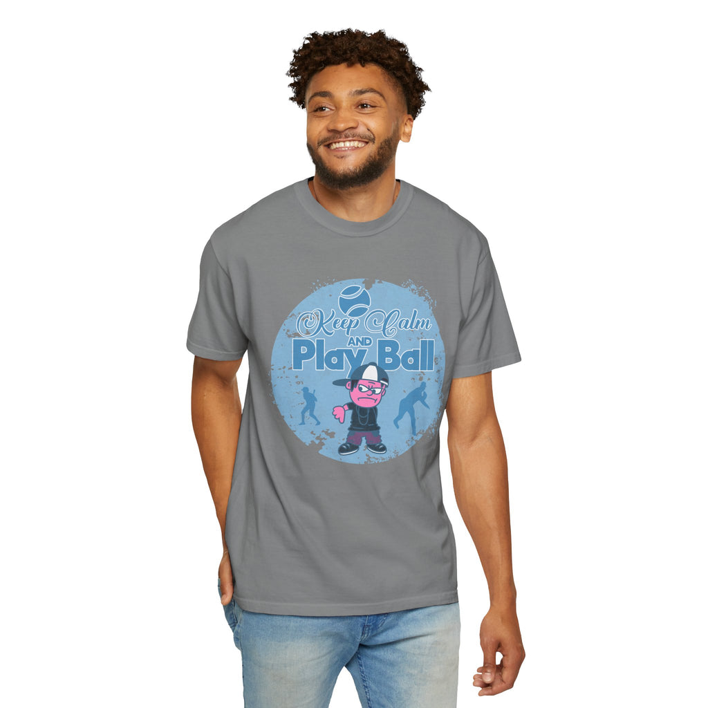 Textured Keep Calm and Play Ball Baseball T-Shirt — Cute Mascot Sports Tee for Kids & Fans