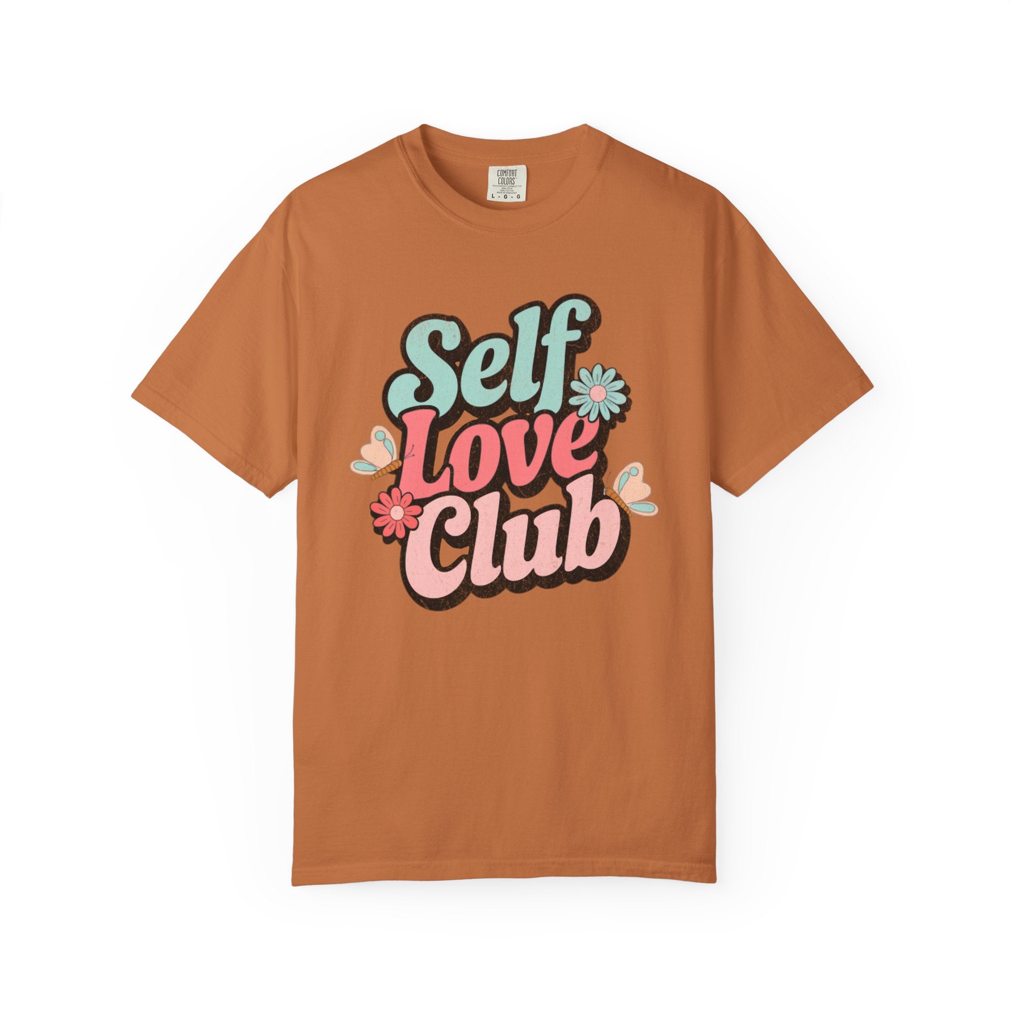 Self Love Club T-shirt | Textured Retro Floral Typography, Pastel 70s Vibe