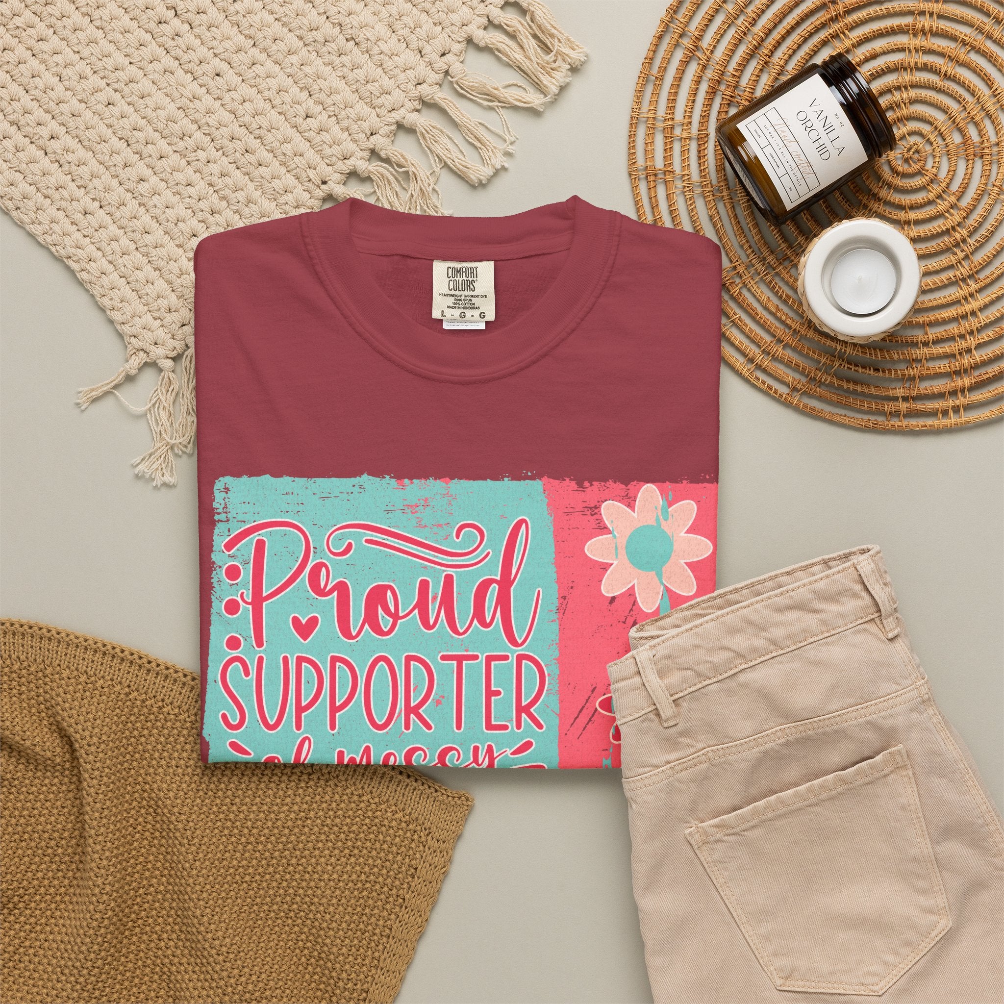 Textured T-Shirt — "Proud Supporter of Messy Hair and Sweatpants" Graphic Tee