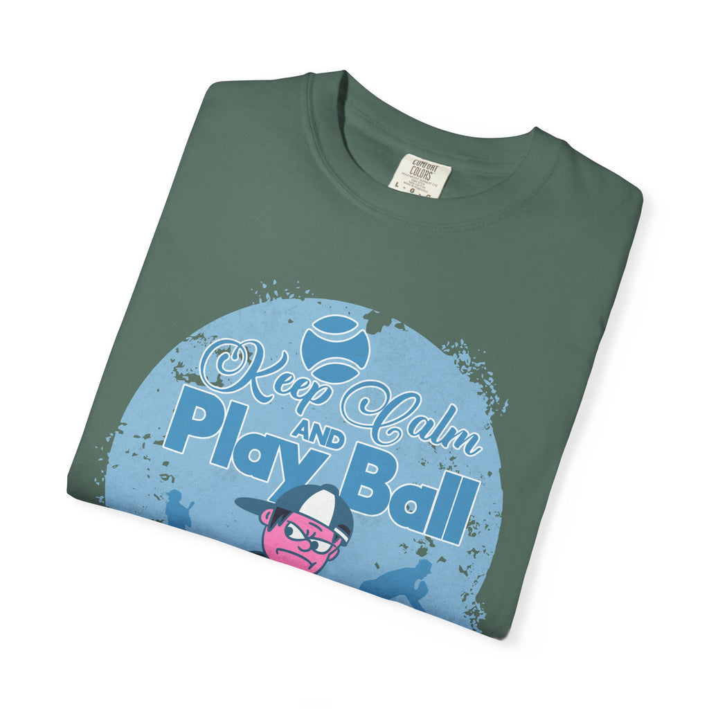 Textured Keep Calm and Play Ball Baseball T-Shirt — Cute Mascot Sports Tee for Kids & Fans