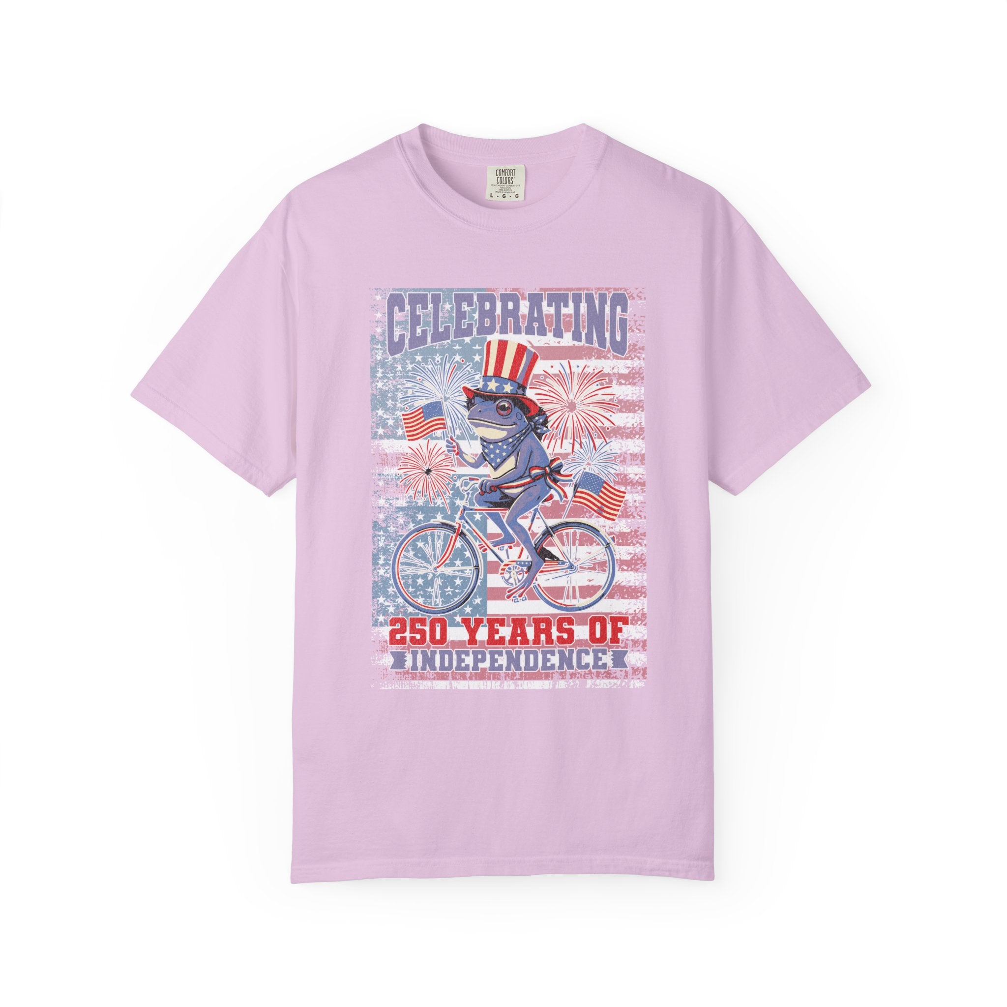 Textured Independence Day Patriotic T-Shirt — "Celebrating 250 Years of Independence" Bicycle Uncle Sam Design