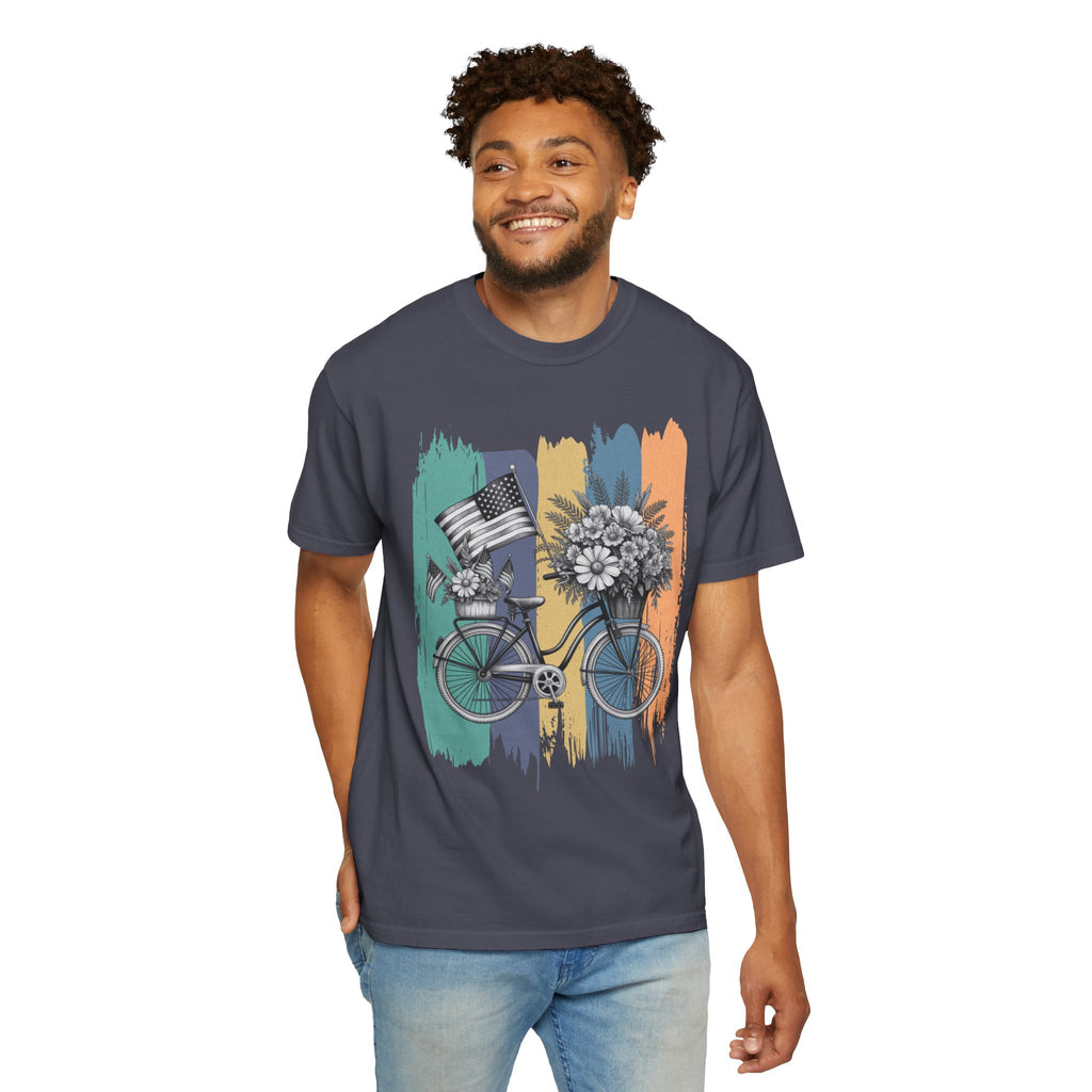 Textured Vintage Bicycle T-Shirt — Floral Basket & American Flag Graphic