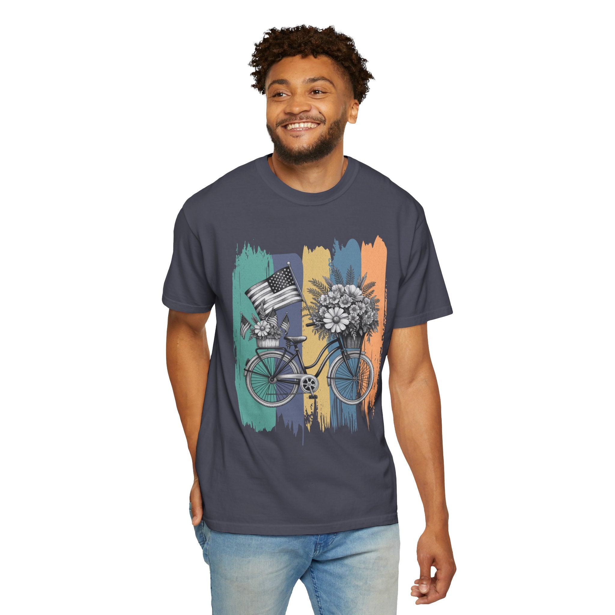 Textured Vintage Bicycle T-Shirt — Floral Basket & American Flag Graphic