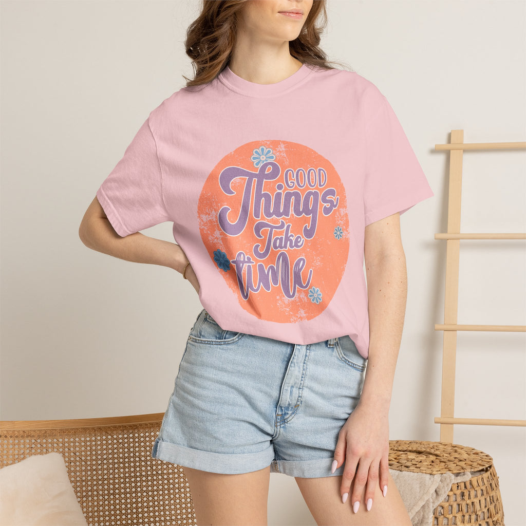 Good Things Take Time T-shirt | Textured Retro Script Circle Design