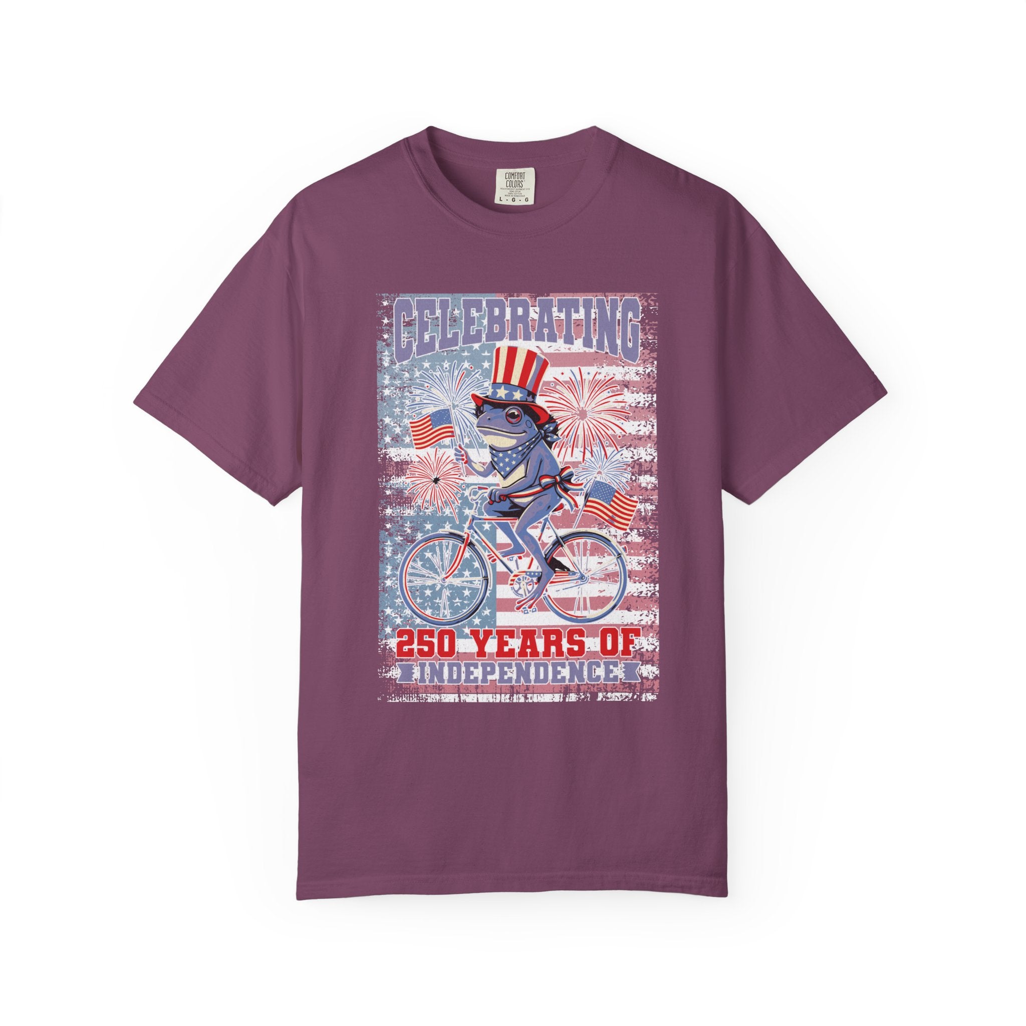 Textured Independence Day Patriotic T-Shirt — "Celebrating 250 Years of Independence" Bicycle Uncle Sam Design