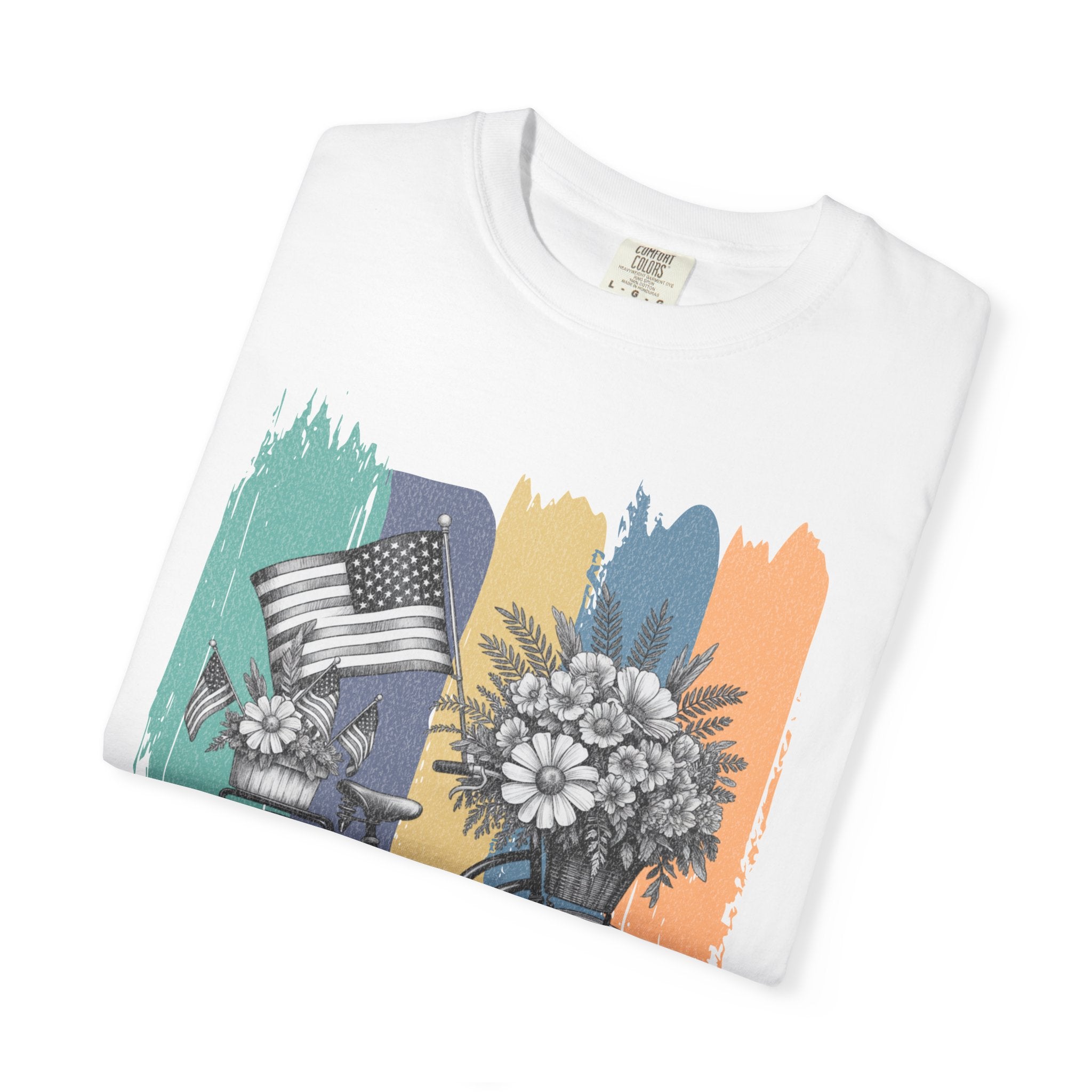 Textured Vintage Bicycle T-Shirt — Floral Basket & American Flag Graphic