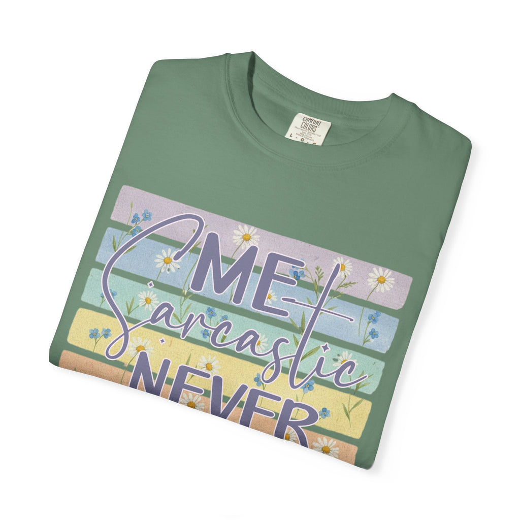 Textured Sarcastic Never T-Shirt — Pastel Striped 'Me? Sarcastic? Never' Graphic Tee