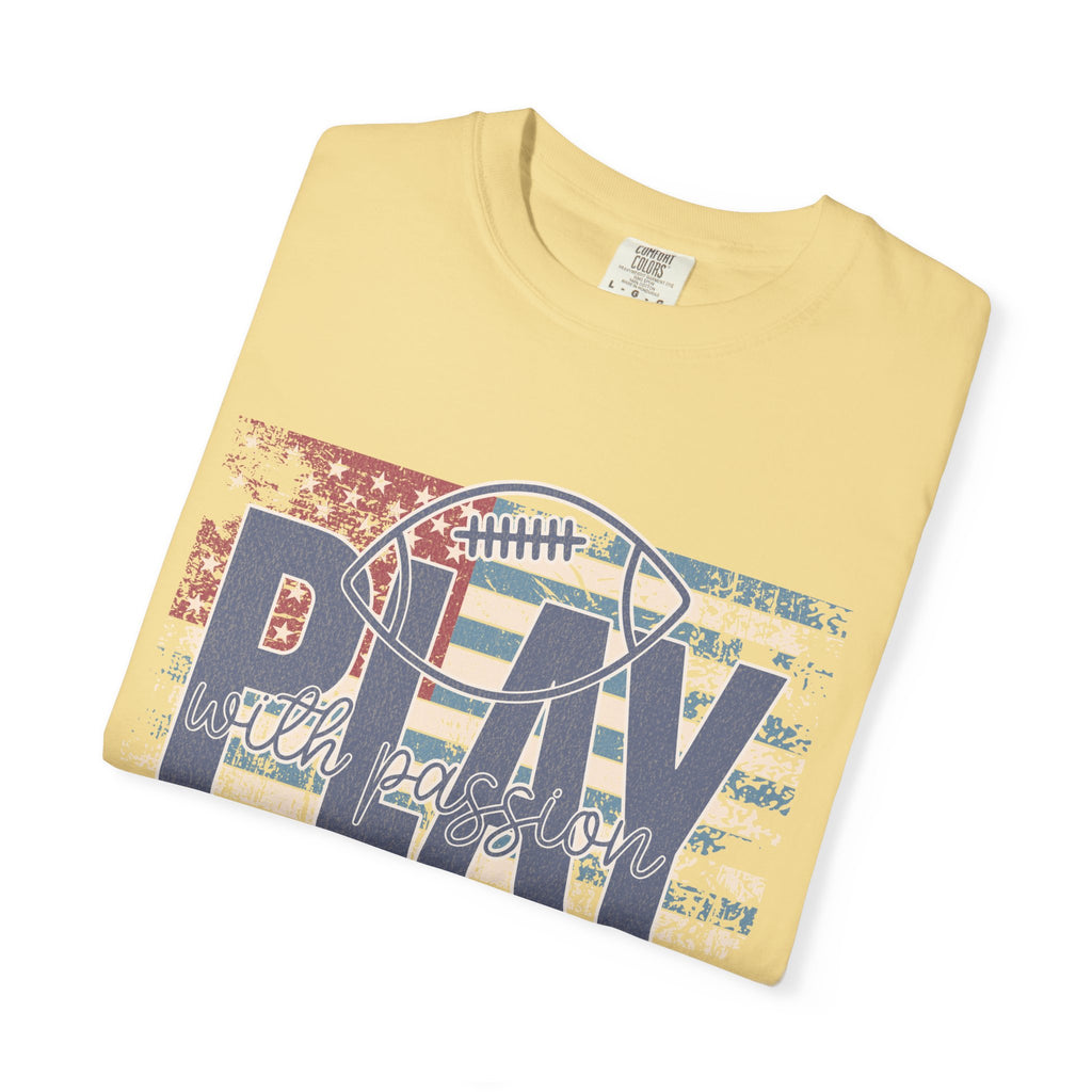 Play With Passion Football Textured Tee — Vintage American Flag Sports Tee