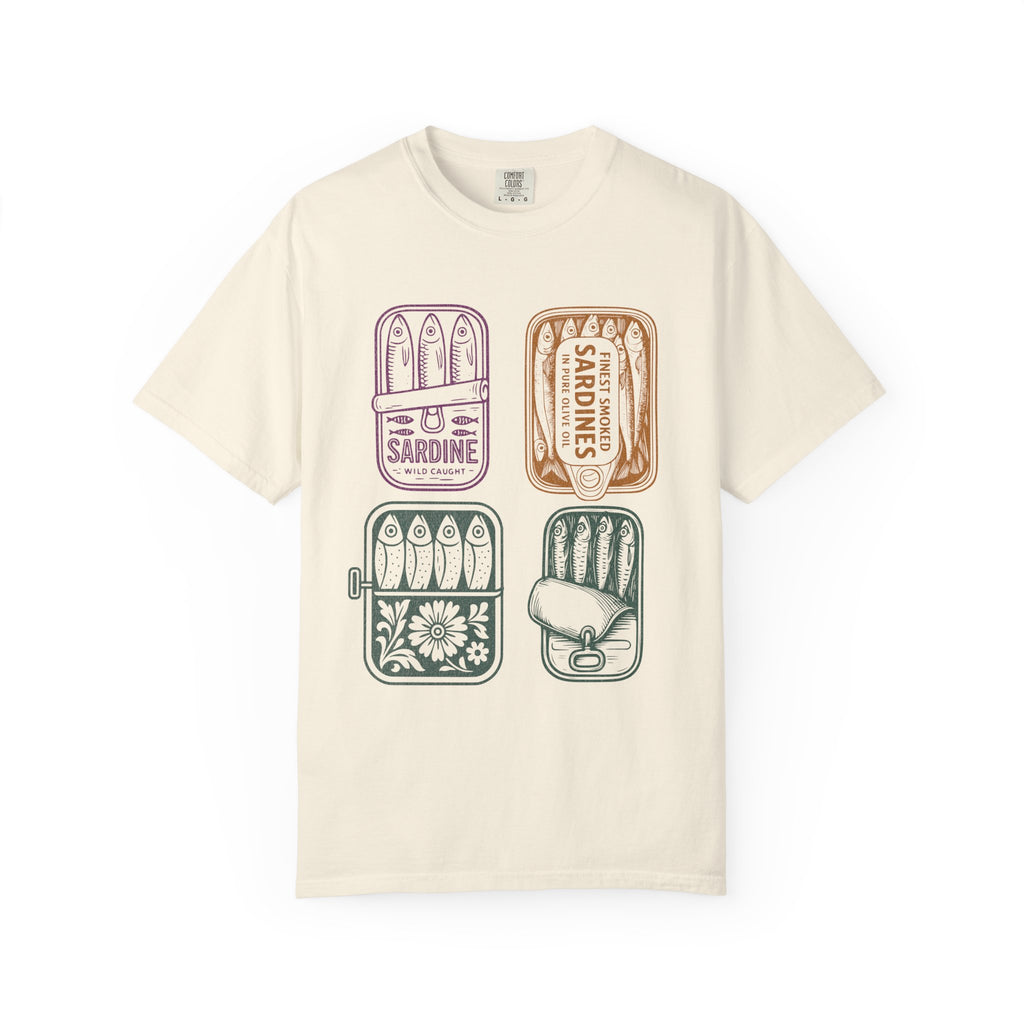 Sardine Tin Graphic Textured T-Shirt — Vintage Seafood Illustration Tee