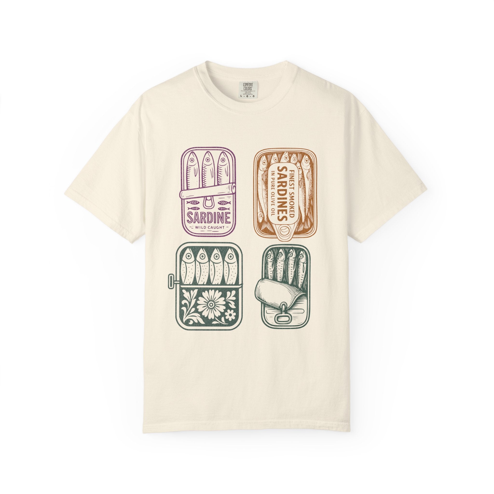 Sardine Tin Graphic Textured T-Shirt — Vintage Seafood Illustration Tee