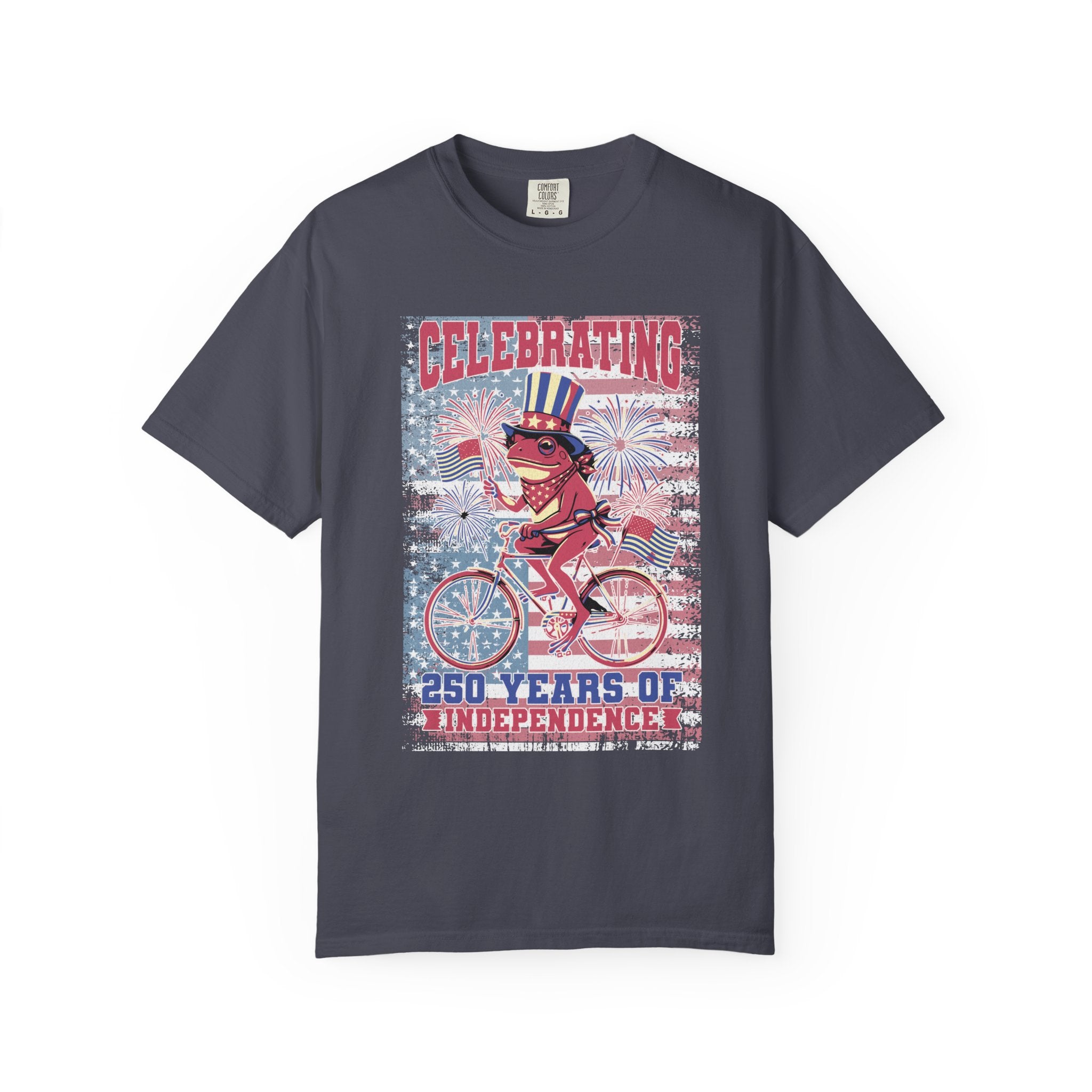 Textured Independence Day Dog on Bike T-Shirt — "Celebrating 250 Years of Independence" Patriotic Tee