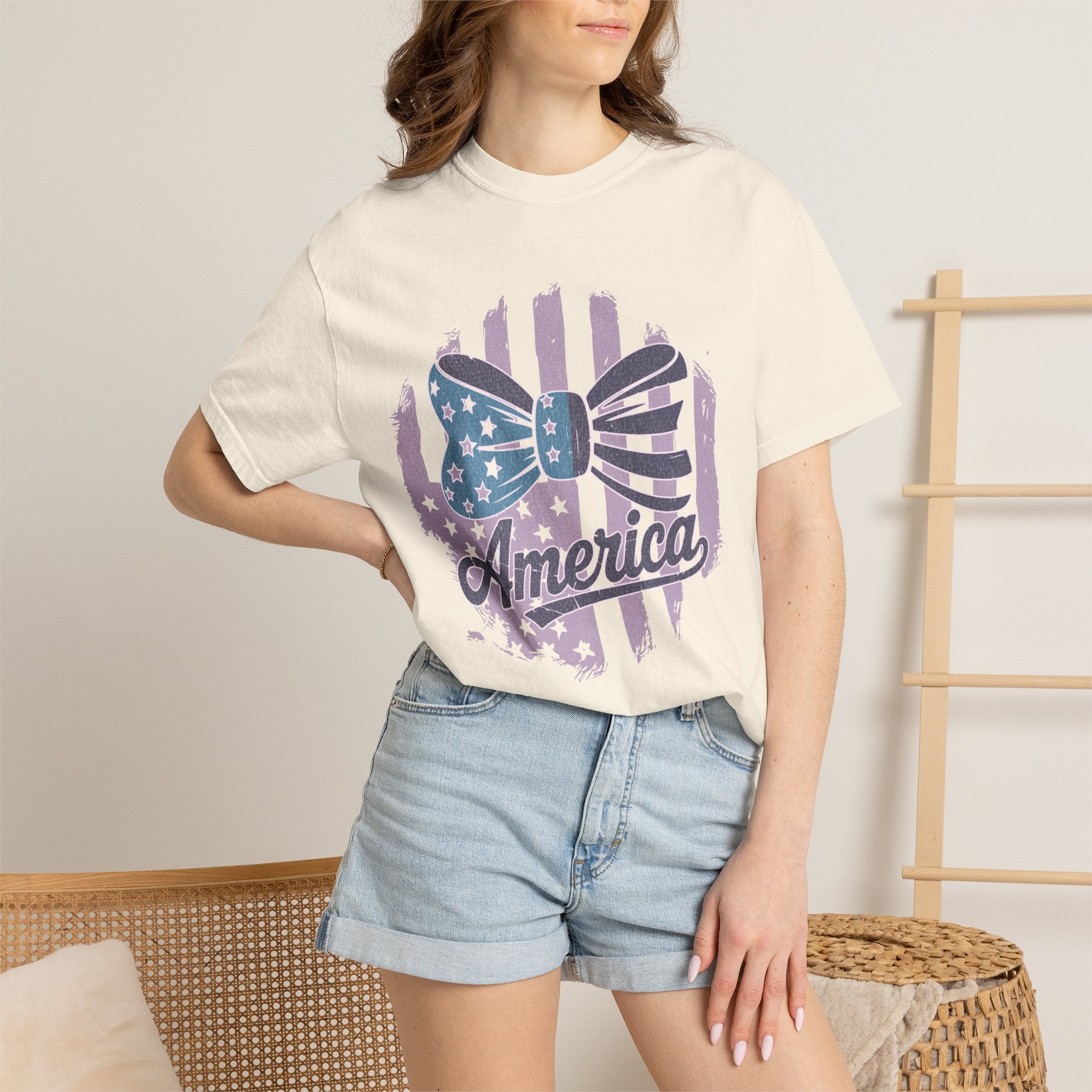 America Flag Bow Textured T-Shirt – Patriotic Floral USA Graphic Tee
