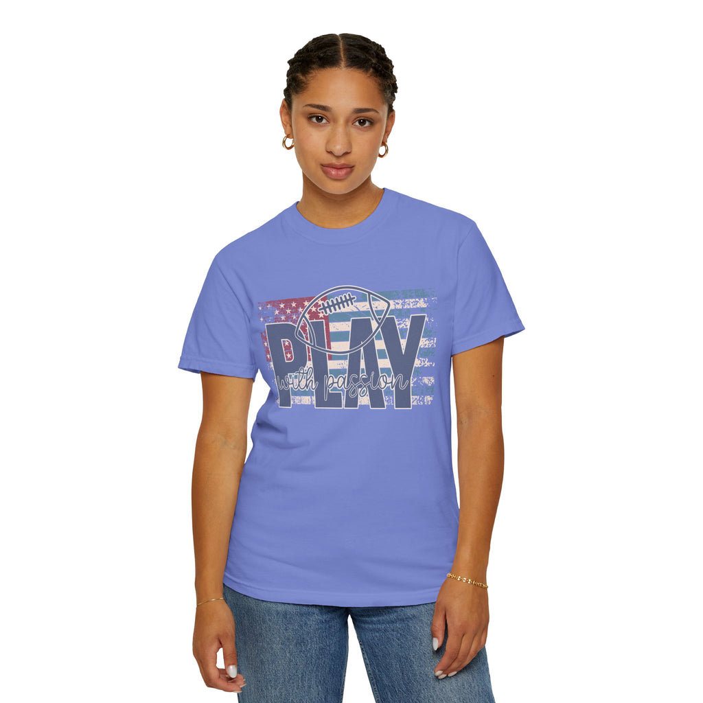 Play With Passion Football Textured Tee — Vintage American Flag Sports Tee