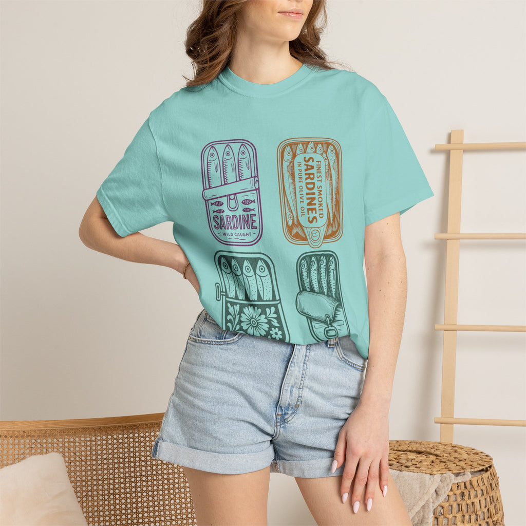 Sardine Tin Graphic Textured T-Shirt — Vintage Seafood Illustration Tee