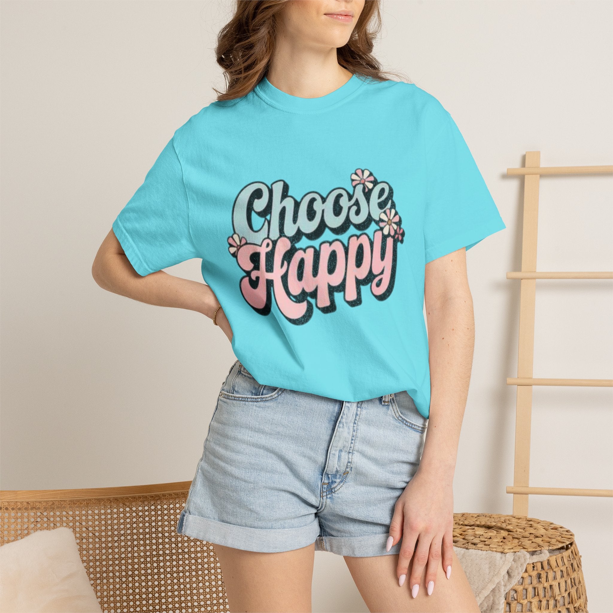 Choose Happy retro script shirt | Textured Positive message tee, pastel floral design
