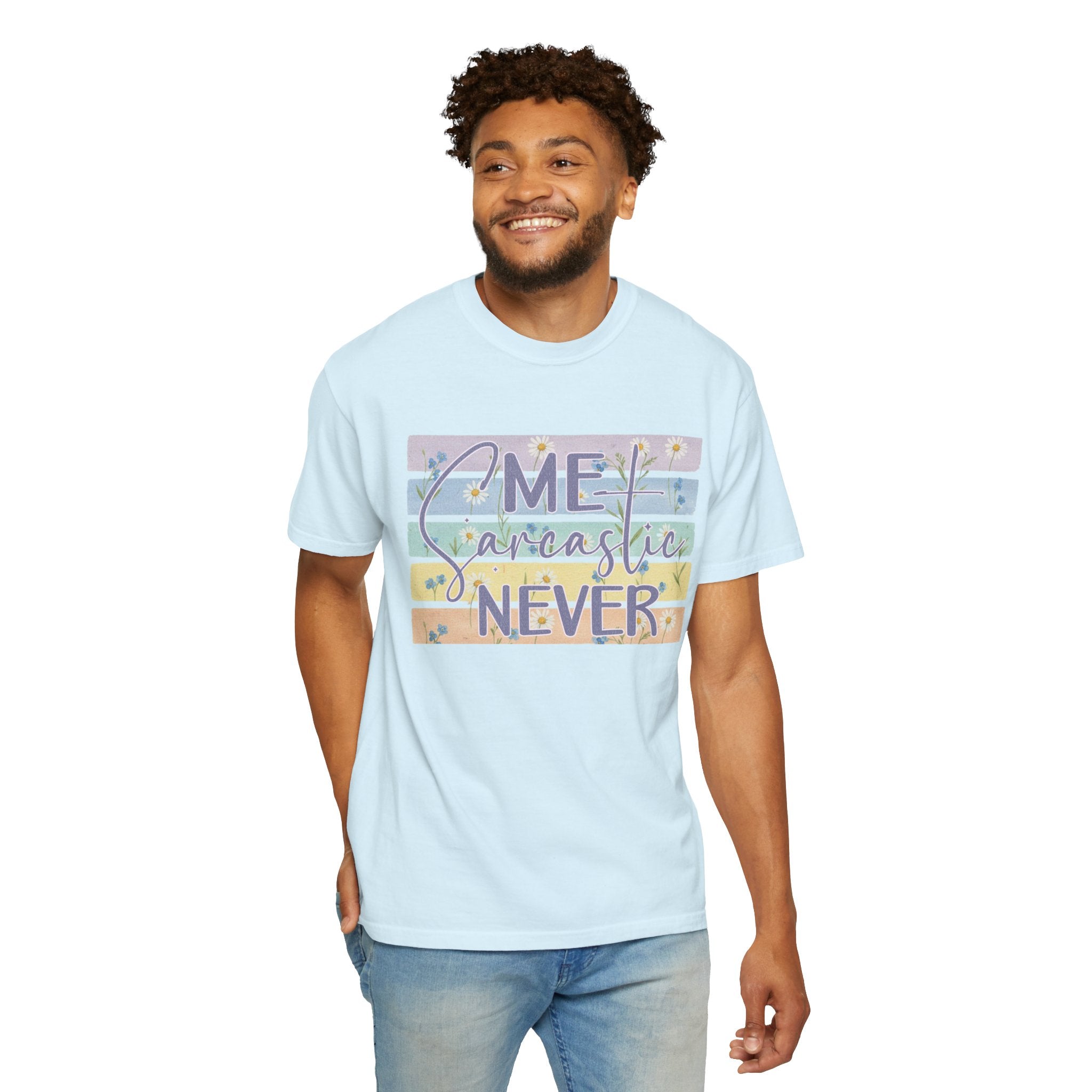 Textured Sarcastic Never T-Shirt — Pastel Striped 'Me? Sarcastic? Never' Graphic Tee