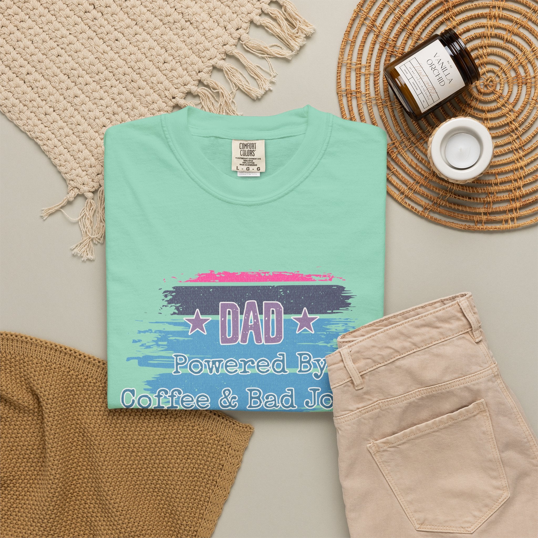 Textured Dad T-Shirt - "Powered By Coffee & Bad Jokes" Vintage Stripe Father's Day Tee