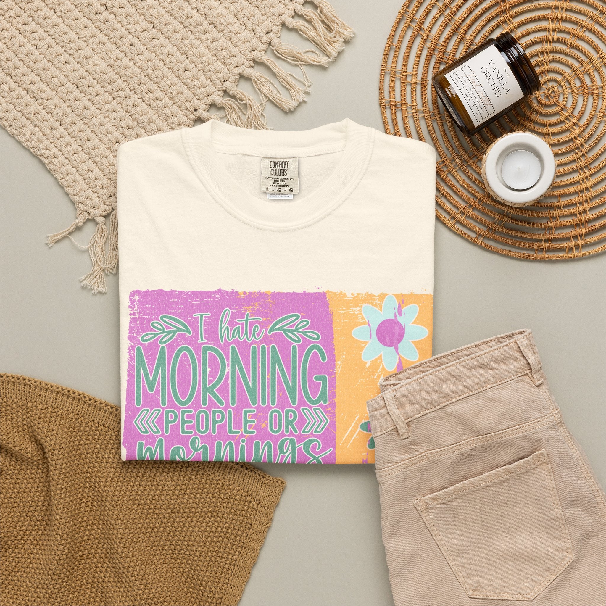 I Hate Morning People Textured  Shirt — Retro Flower Graphic Tee