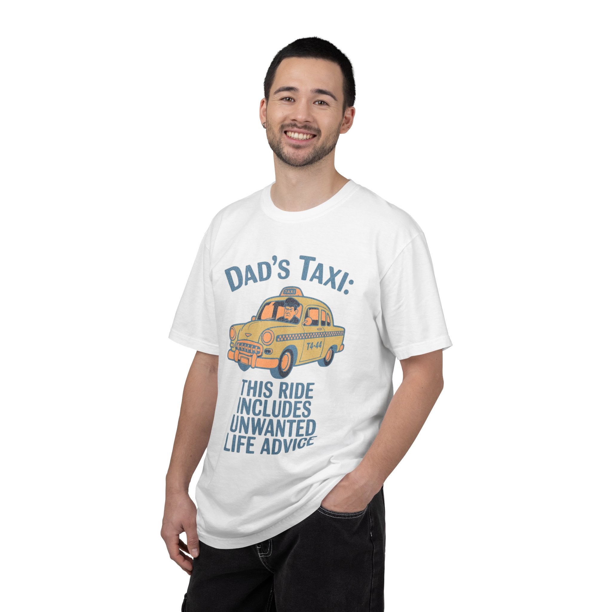 Textured Dad's Taxi T-Shirt — "This Ride Includes Unwanted Life Advice" Funny Father's Day Tee