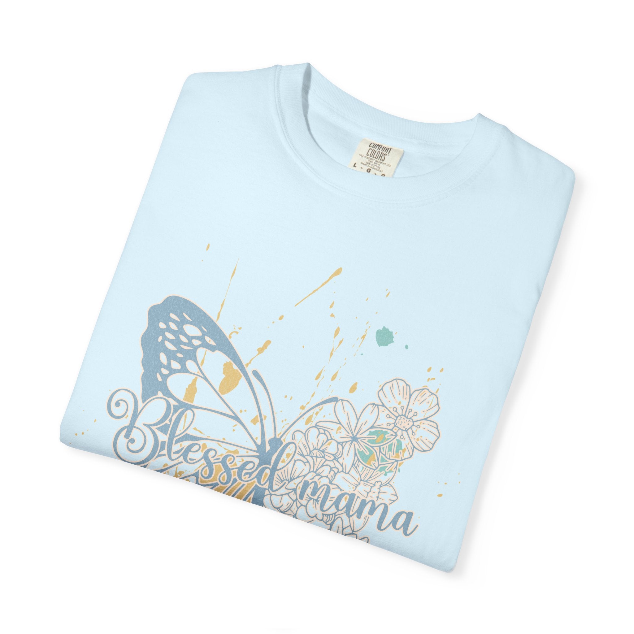 Retro Butterfly Blessed Mama Tee —Textured Serene Aqua Nature Graphic