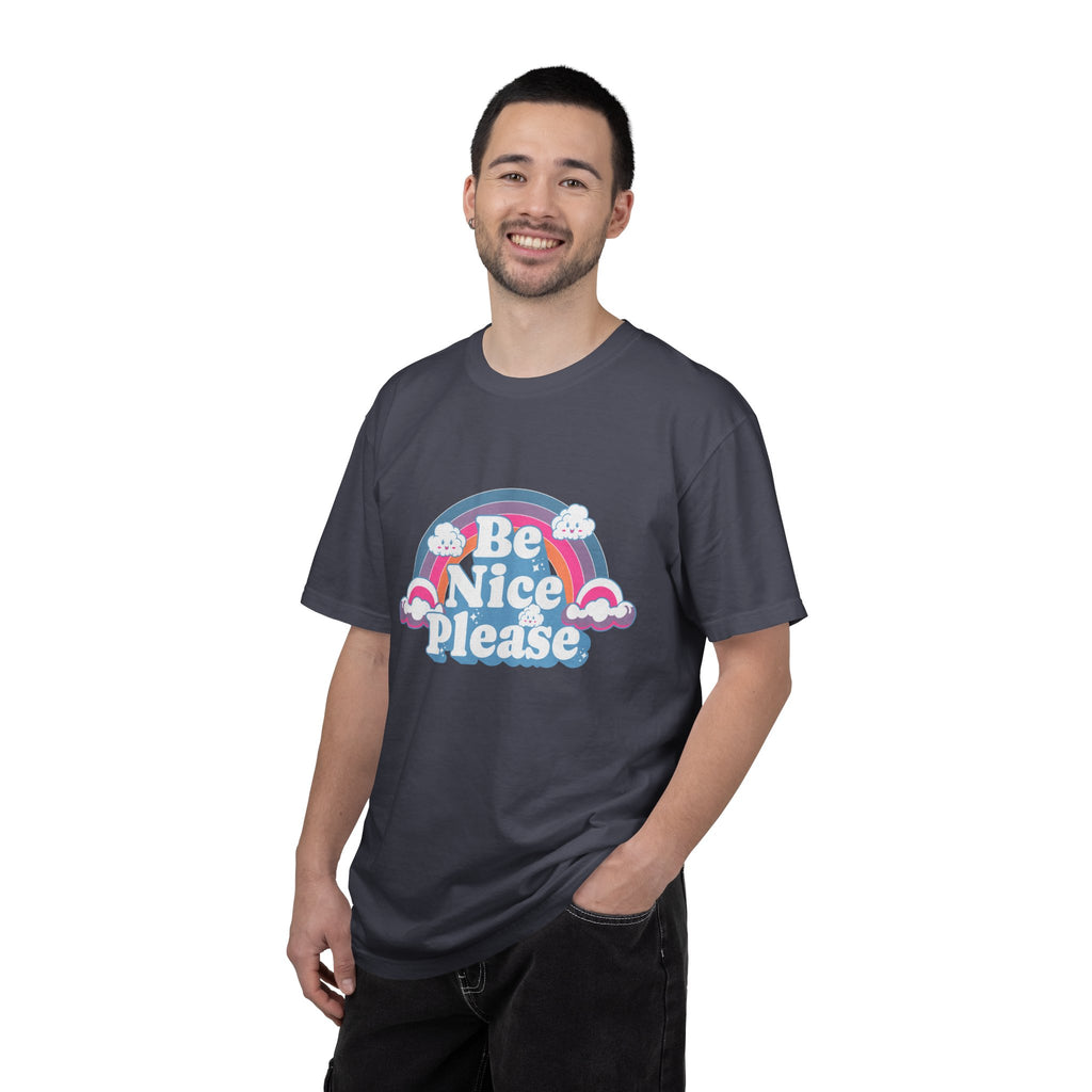 Be Nice Please Textured T-Shirt — Retro Rainbow Positive Message Tee