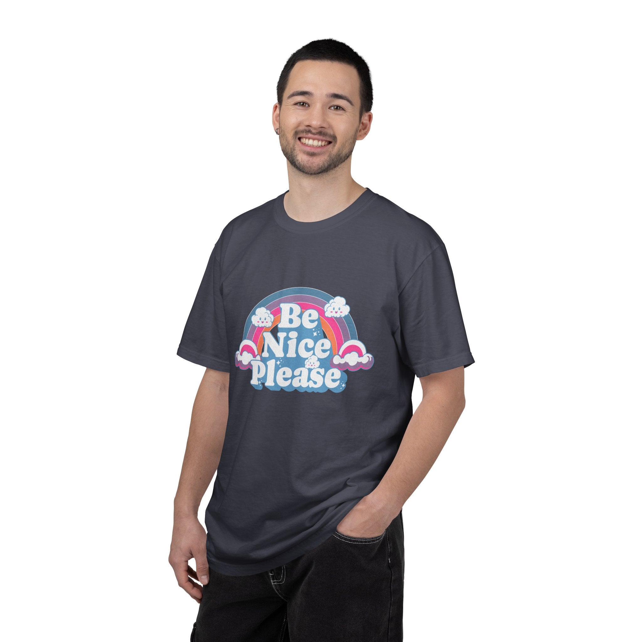 Be Nice Please Textured T-Shirt — Retro Rainbow Positive Message Tee