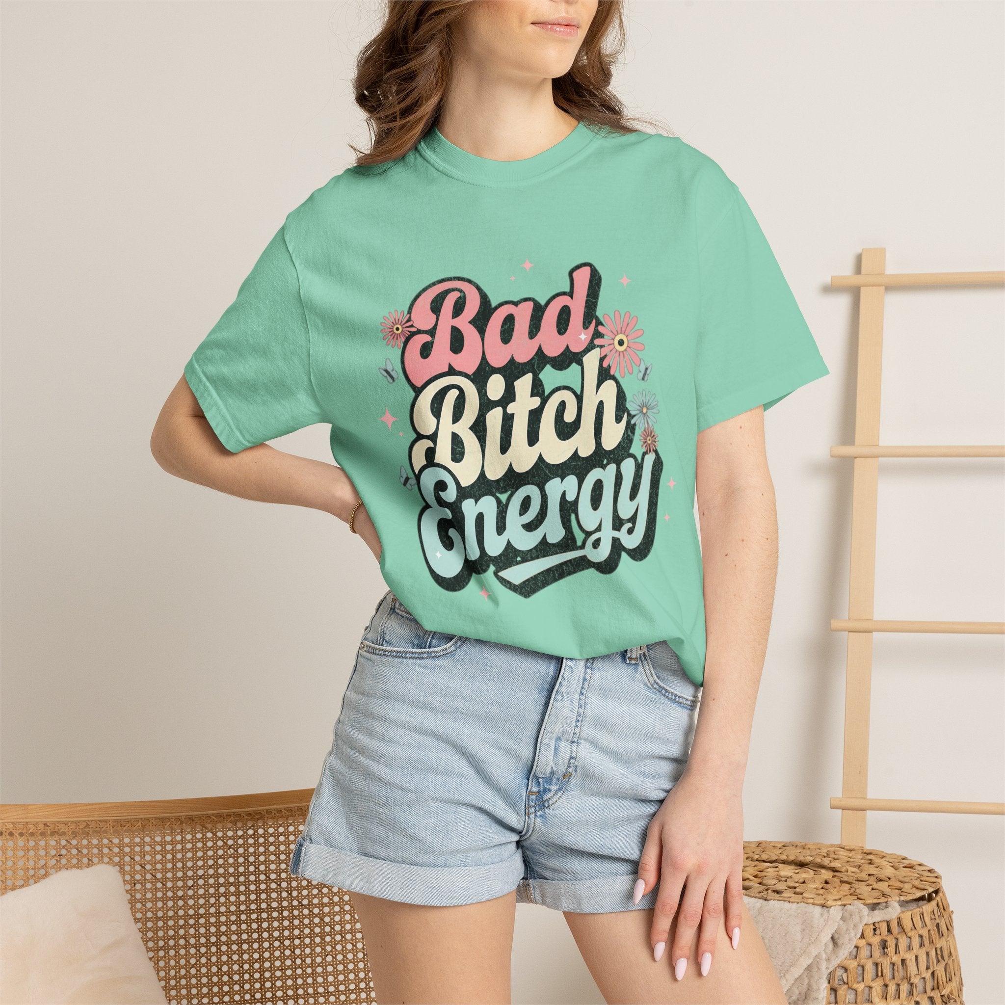 Textured Bad Bitch Energy T-shirt |Textured Retro Script Floral Graphic
